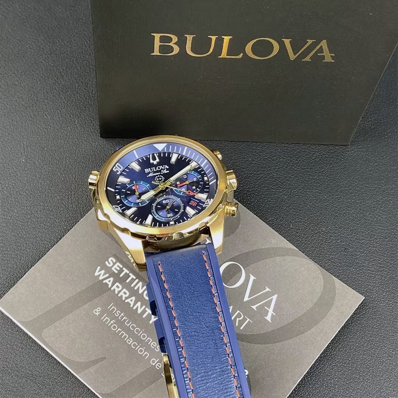 Men Bulova Marine Star Blue/Gold Dial Chronograph 97B168 Quartz Watch 43mm