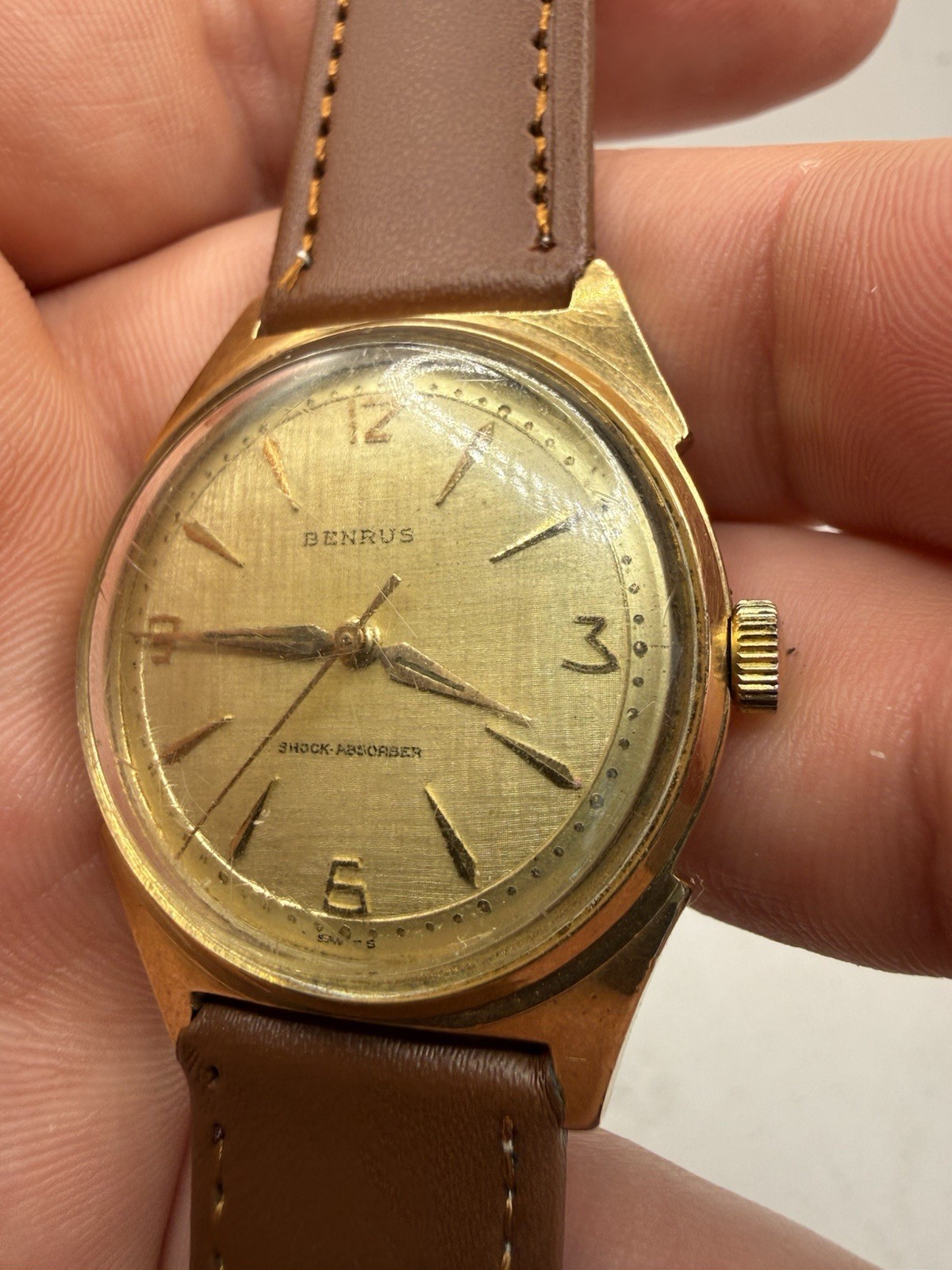 VINTAGE Benrus Shock Absorber Gold Linen Dial Mens Manual Wind Watch Swiss RUNS