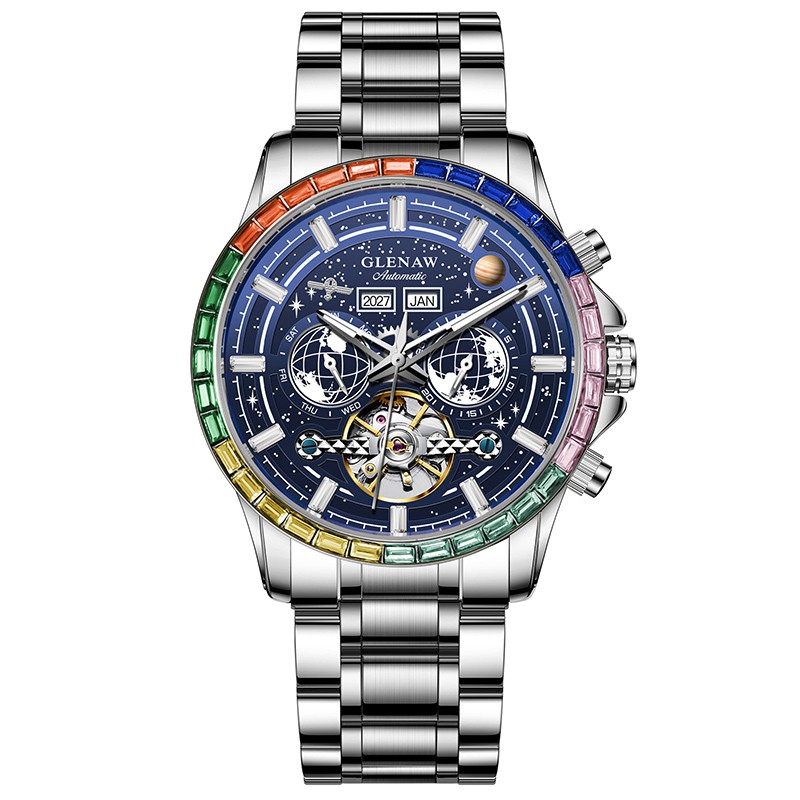 GLENAW Men’s Automatic Watch Rainbow Gemstone Bezel Blue Dial Steel Strap Wristw