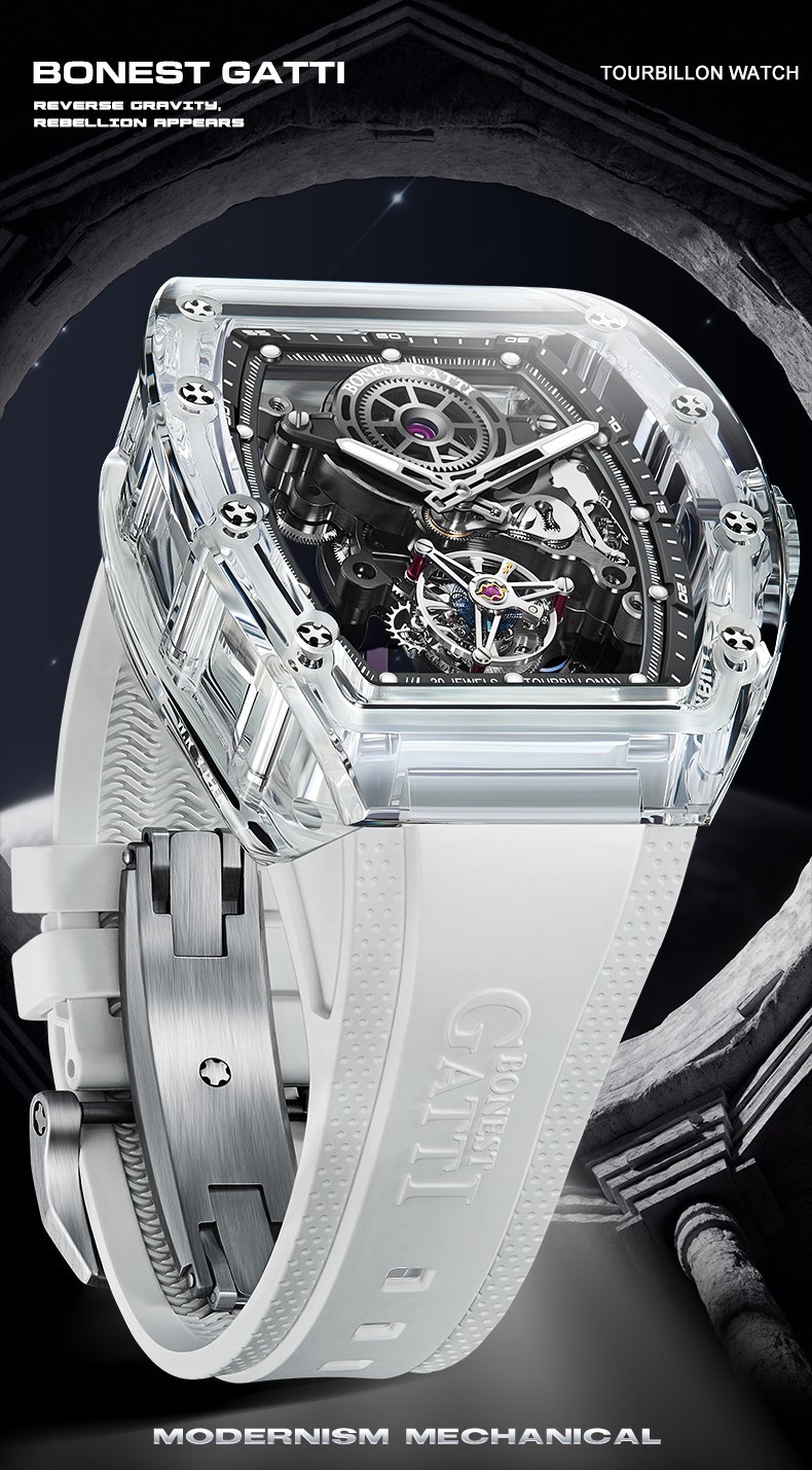BONEST GATTI Men Tourbillon Watch Tonneau Automatic Mechanical Acrylic Case