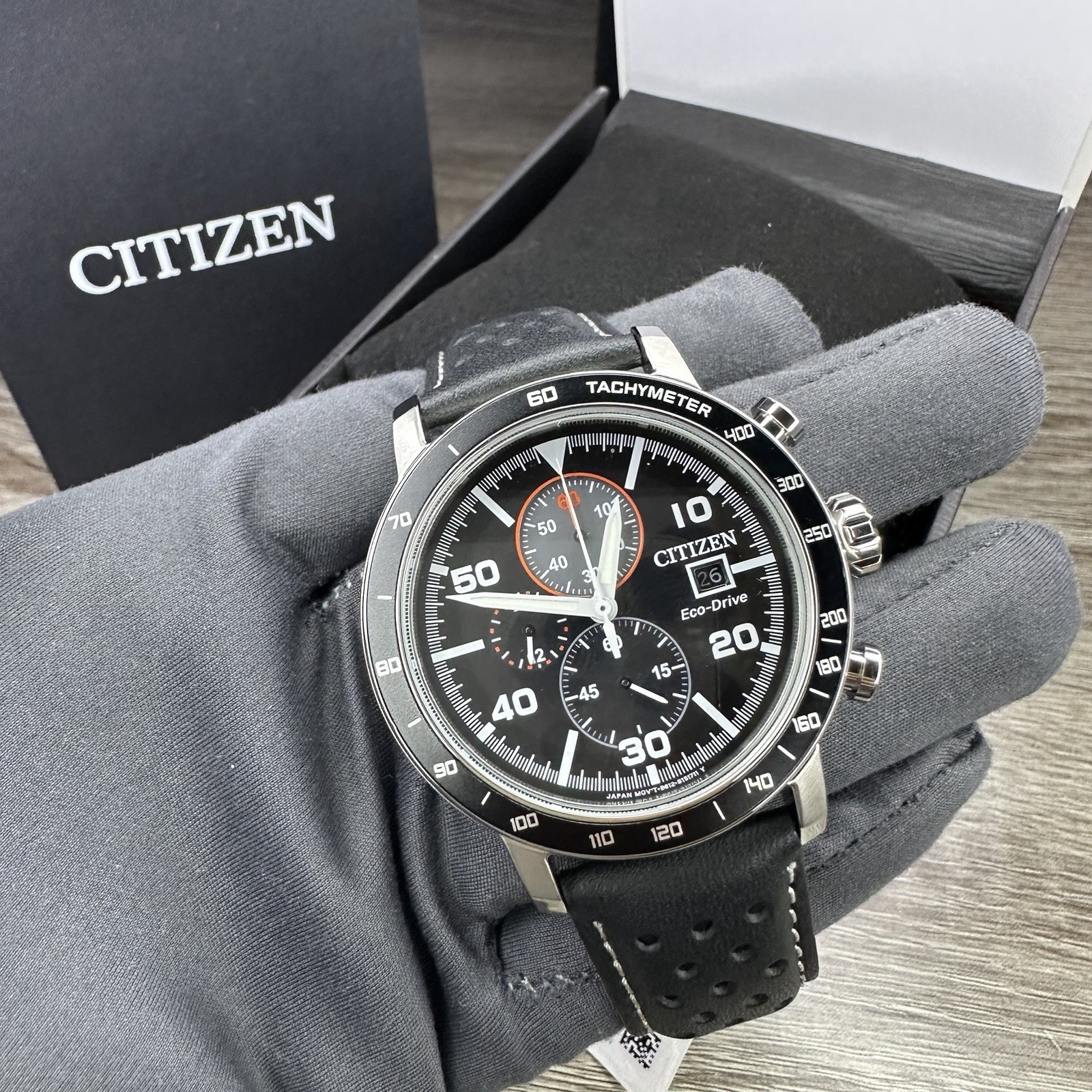 NEW✅TACHYMETER✅ Citizen Eco-Drive Brycen Black Leather Men’s Watch CA0649-14E