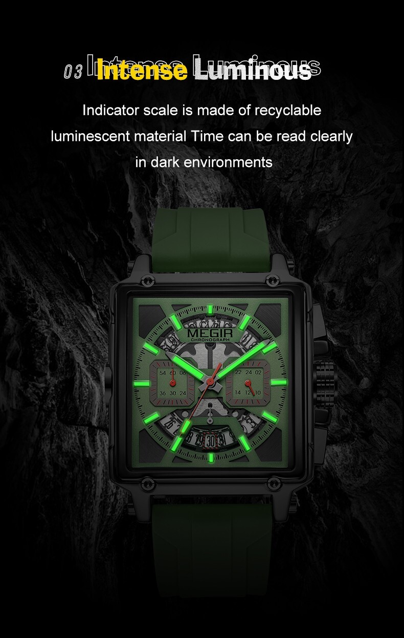 MEGIR Monaco Chronograph Calibre Homage Luminous Auto Date Square Men’s Watch