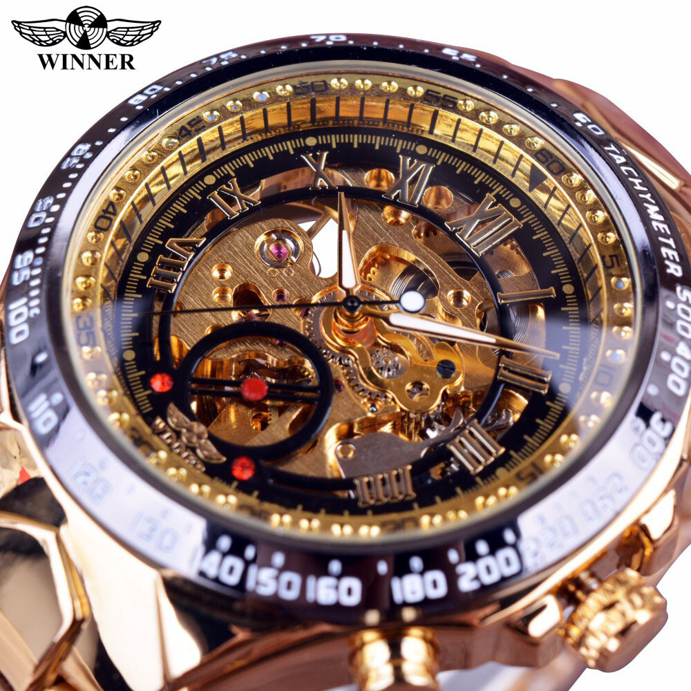 Business Men’s Stainless Steel Gold Movement Skeleton Mechanical Automatic Watch