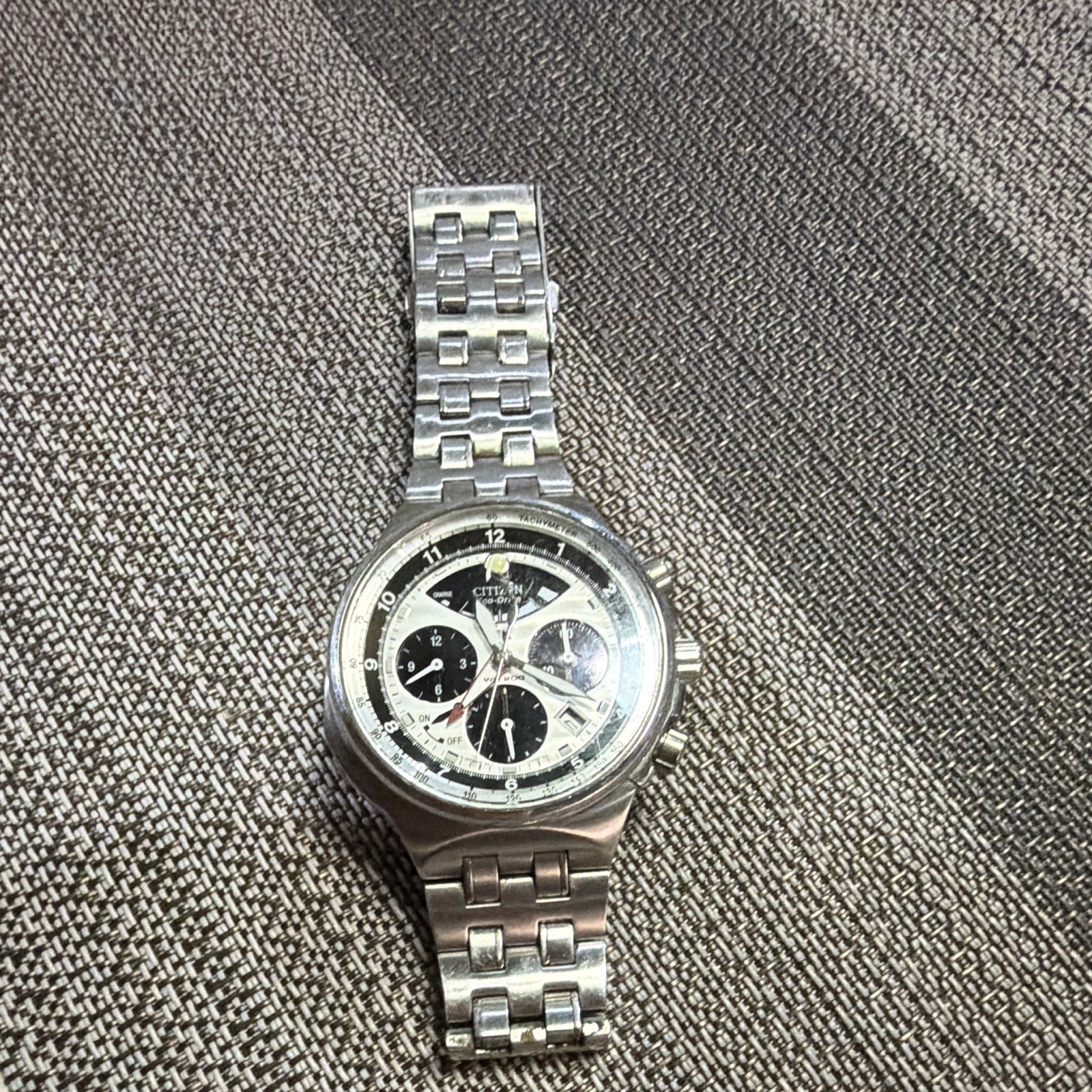 Citizen Eco-Drive Chronograph Date Tachymeter WR100 Silver SS Bracelet Watch