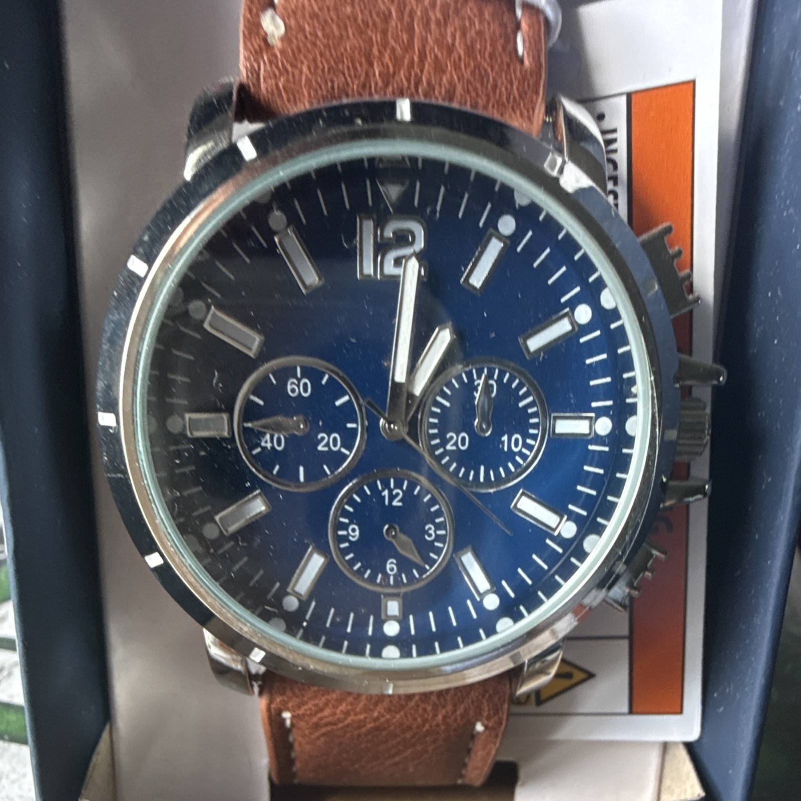 George Men’s Analog Quartz Watch Blue Dial Multi-Dial Brown Leather Strap Box