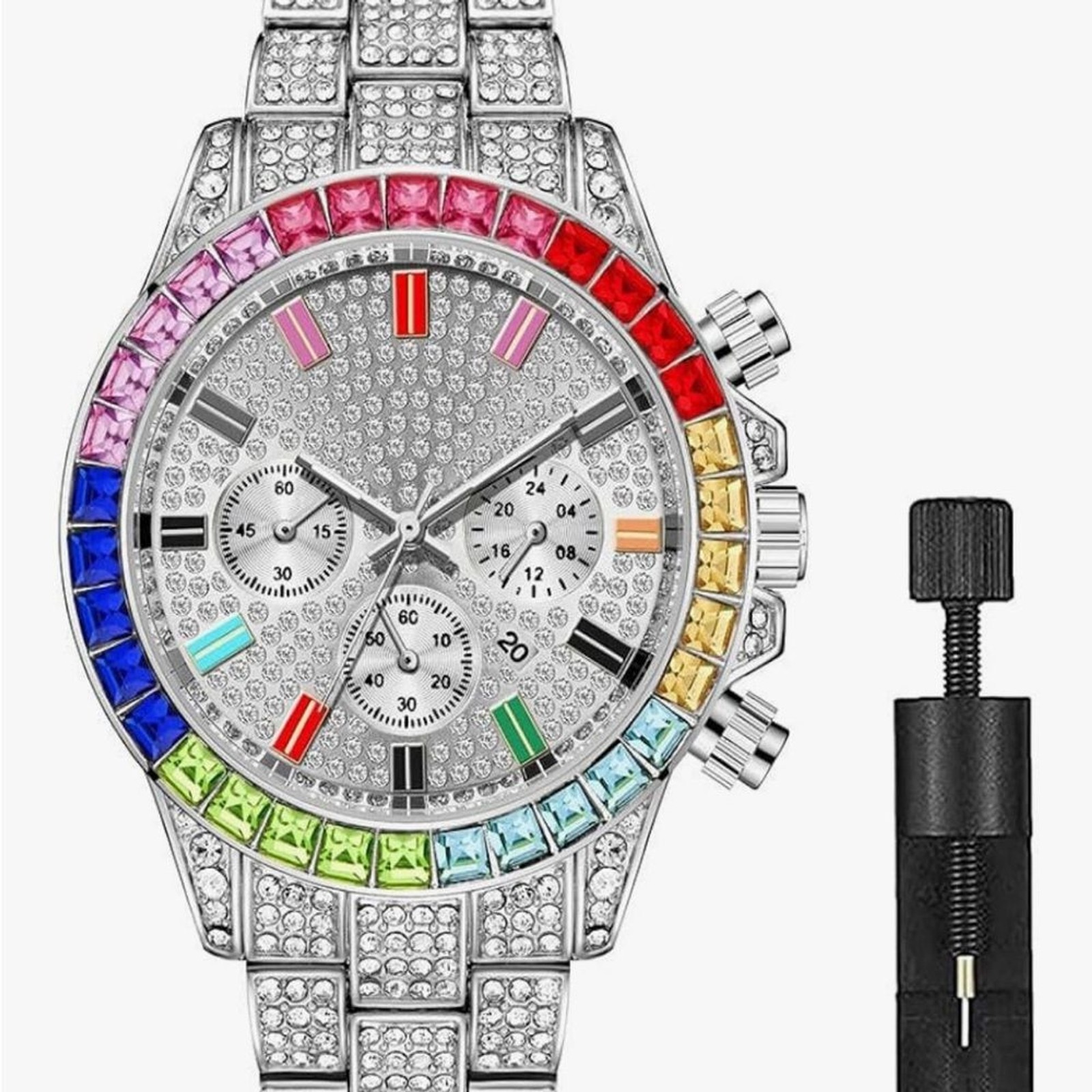 Iced-Out Multicolor CZ Bustdown Watch VVS Simulated Diamond Hip-Hop Style Rapper