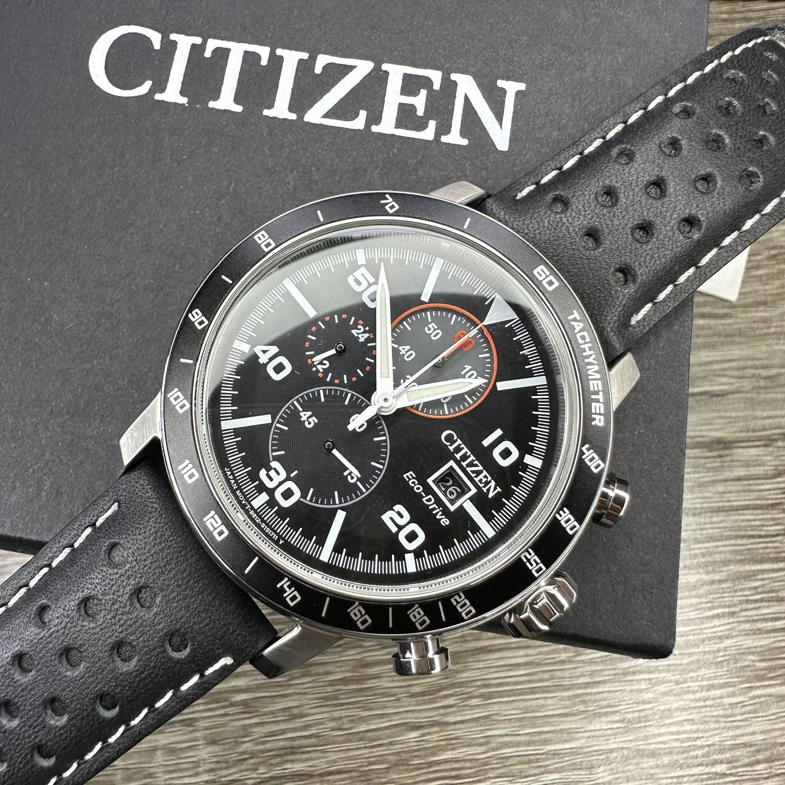 NEW✅TACHYMETER✅ Citizen Eco-Drive Brycen Black Leather Men’s Watch CA0649-14E