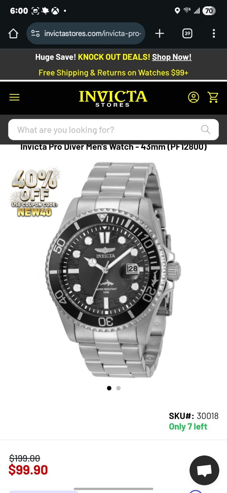 Invicta 30018 Pro Diver Men 43mm Stainless Steel Quartz Watch – Silver