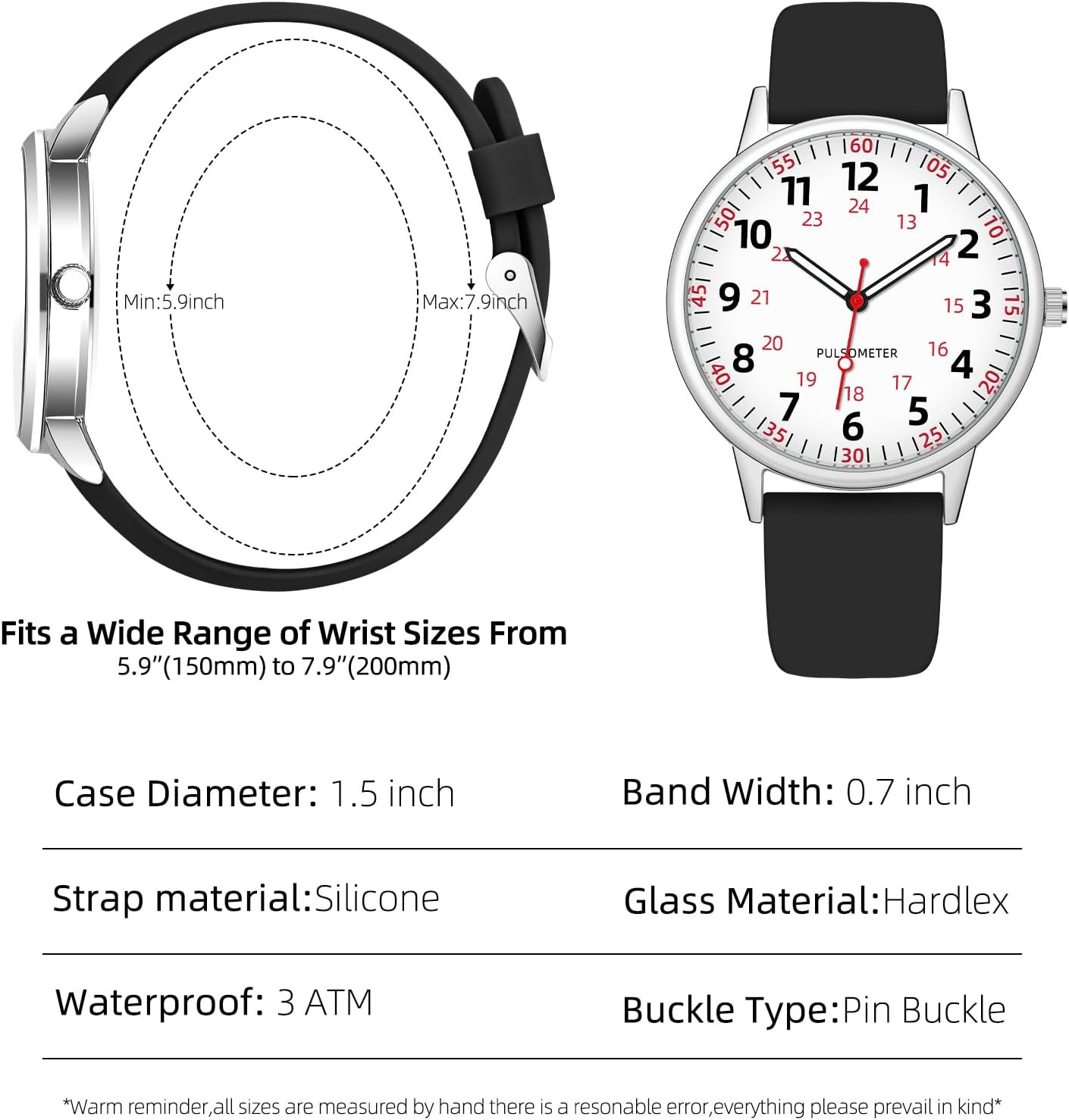 Nurse Watch for Women Waterproof Analog Silicone Watch with Second Hand Nursing