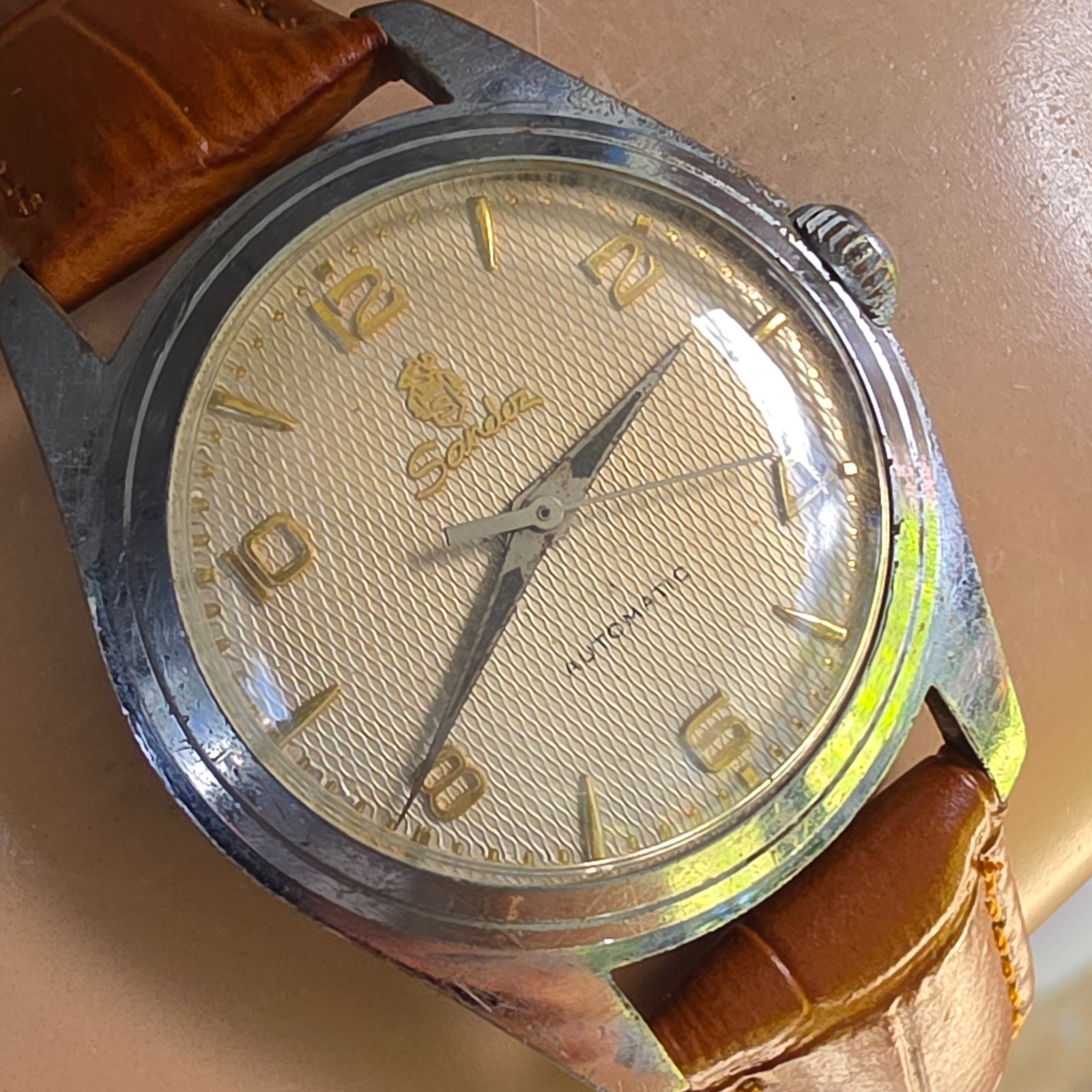 Vintage SANDOZ men’s automatic watch AS 1361n 25Jewels Honeycomb dial 1950s
