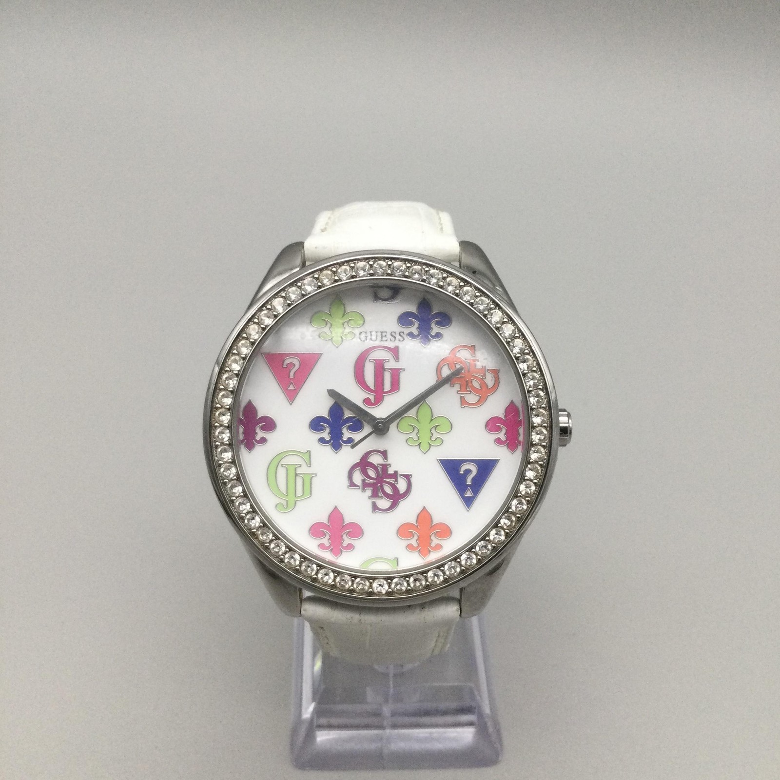 Guess Womens Watch 44mm White Dial Multicolor Crystal Bezel Leather New Battery
