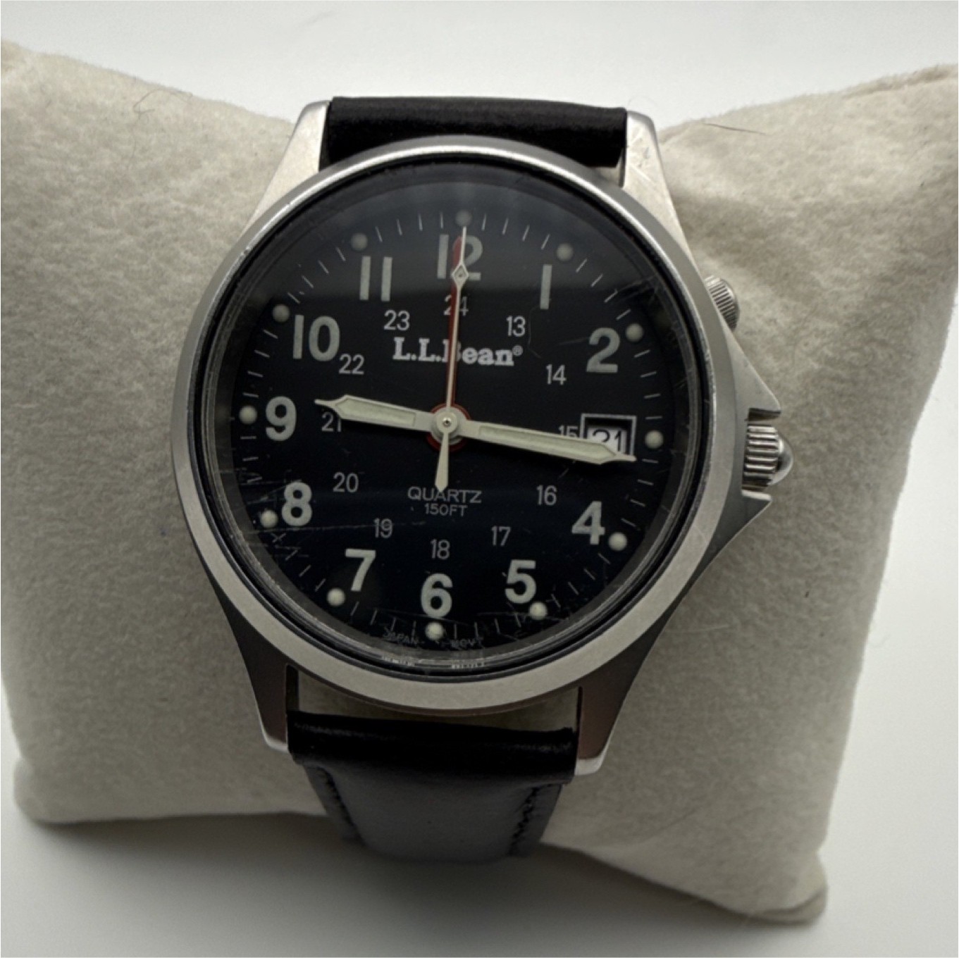 L.L.Bean Men’s Quartz 150FT Stainless Steel Black Dial Leather Watch Date