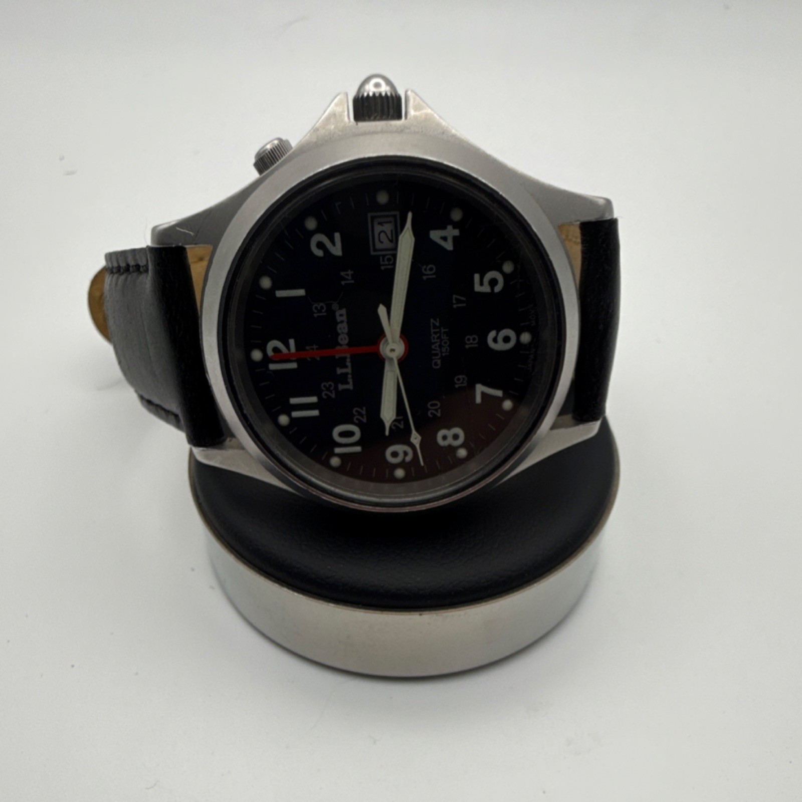 L.L.Bean Men’s Quartz 150FT Stainless Steel Black Dial Leather Watch Date