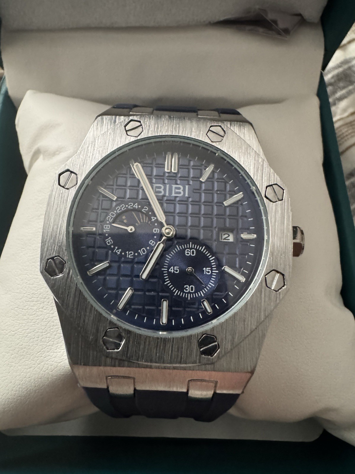 BIBI Luxury Watch Quartz Blue Tapisserie Dial Silver Case Blue Rubber w/ Box