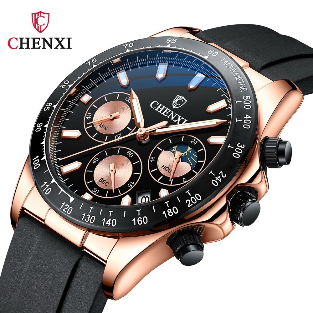 CHENXI Men’s Rose Luminous Calendar Chronograph Moon Phase Business Quartz Watch