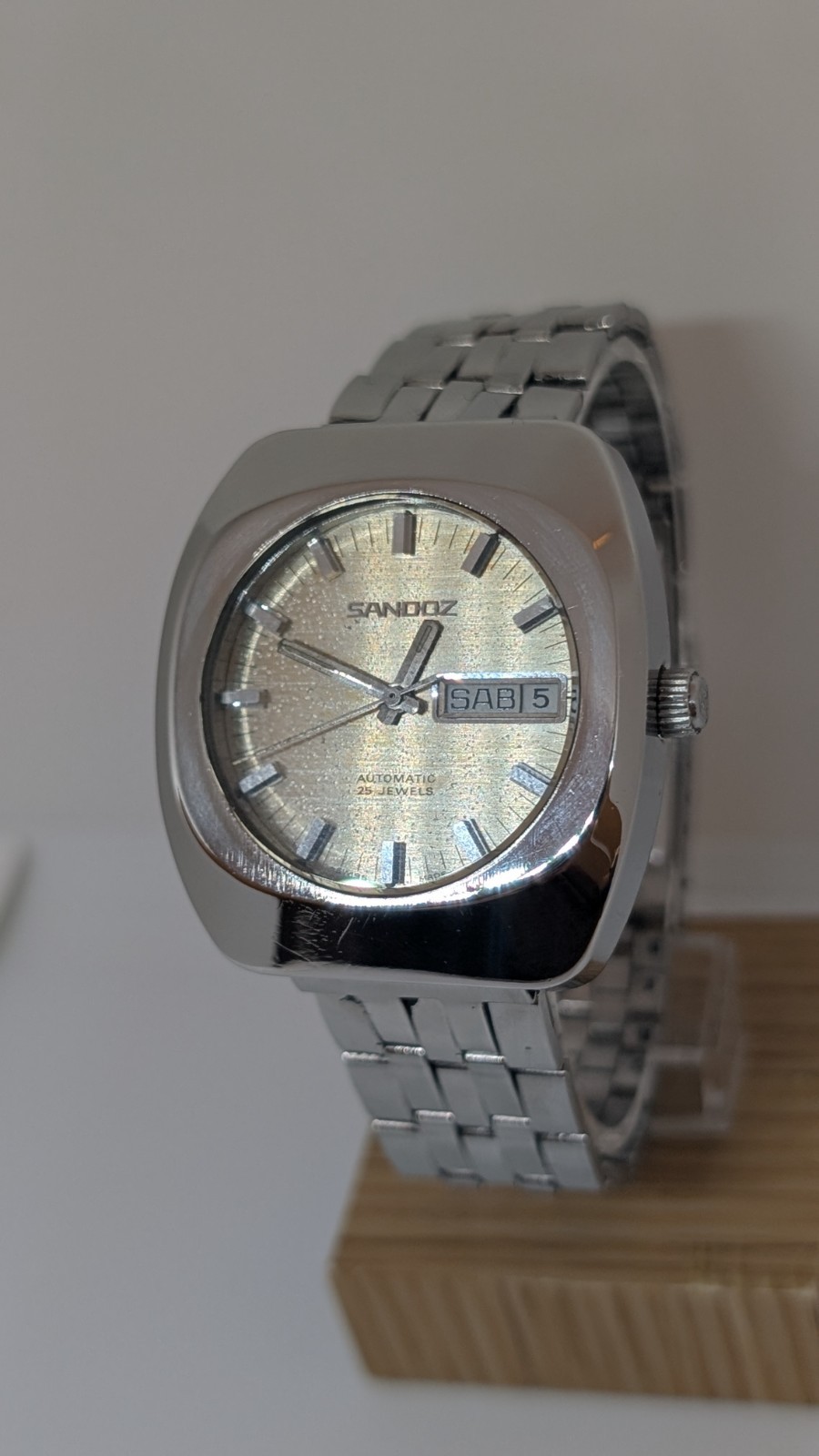VINTAGE SANDOZ 25J Automatic Swiss Watch – Steel Bracelet-Spanish Calendar 1960
