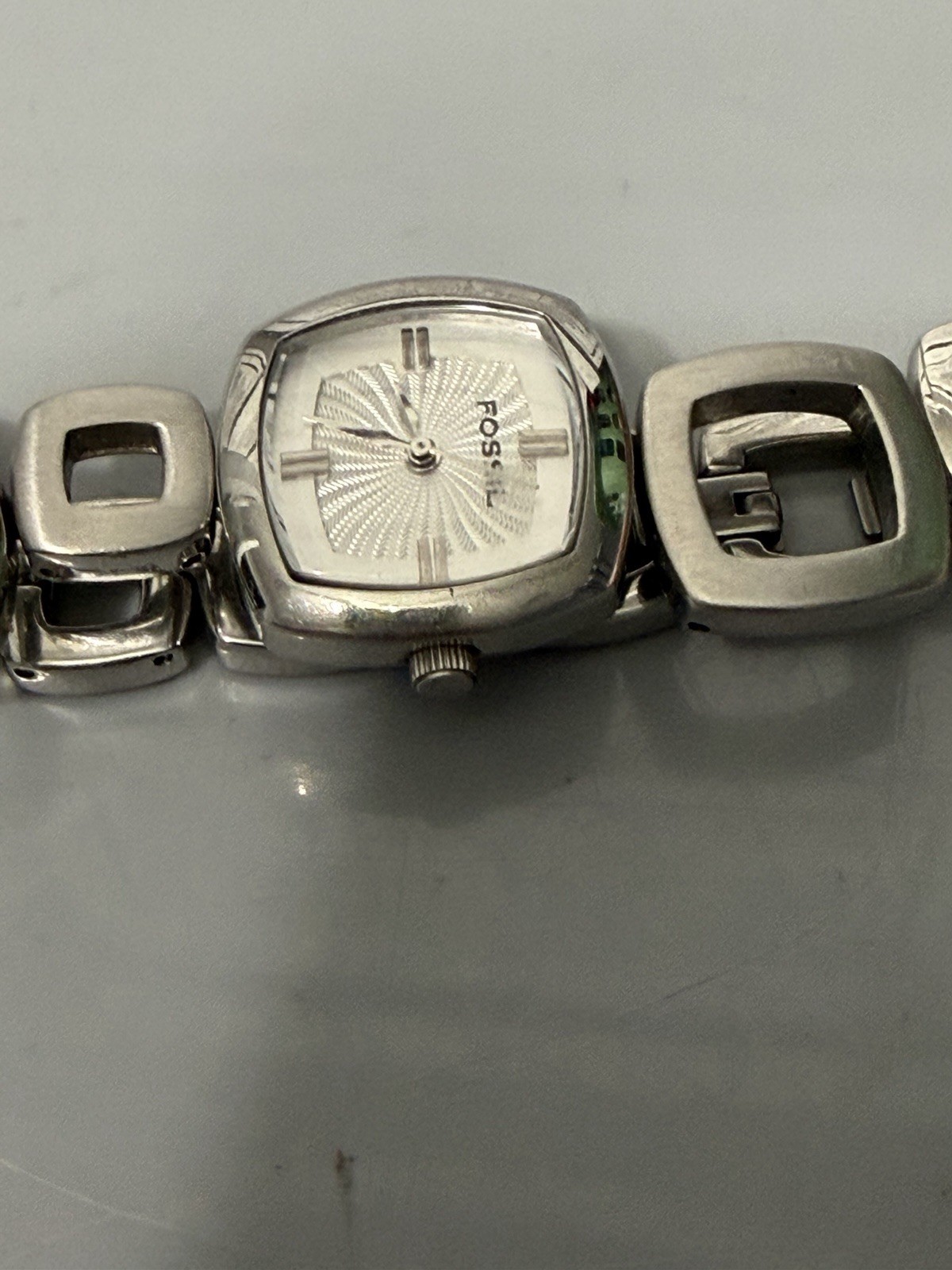 Fossil F2 Quartz Watch Silver Dial Cushion Water-Resistant Stainless Steel Band