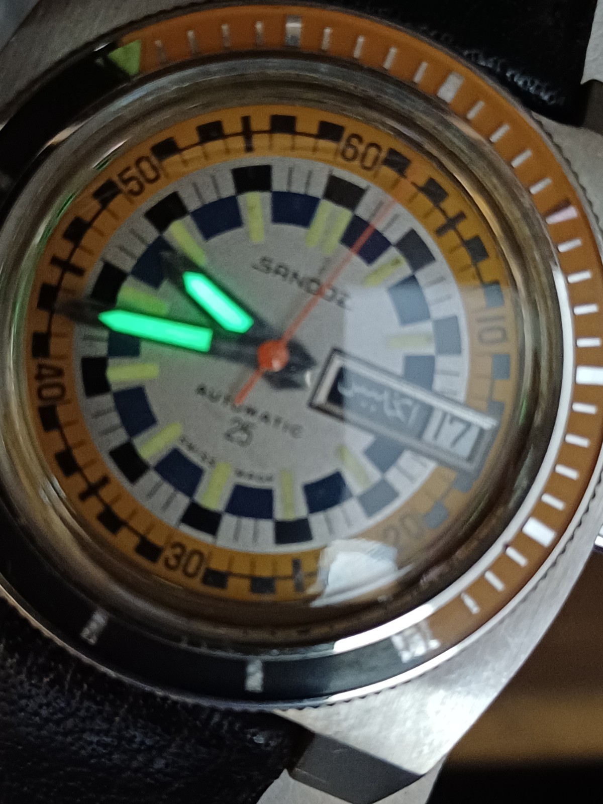 VINTAGE SANDOZ 1748Z-84-8 RALLY OVERSIZE DIVER AUTOMATIC WATCH MENS DAY DATE