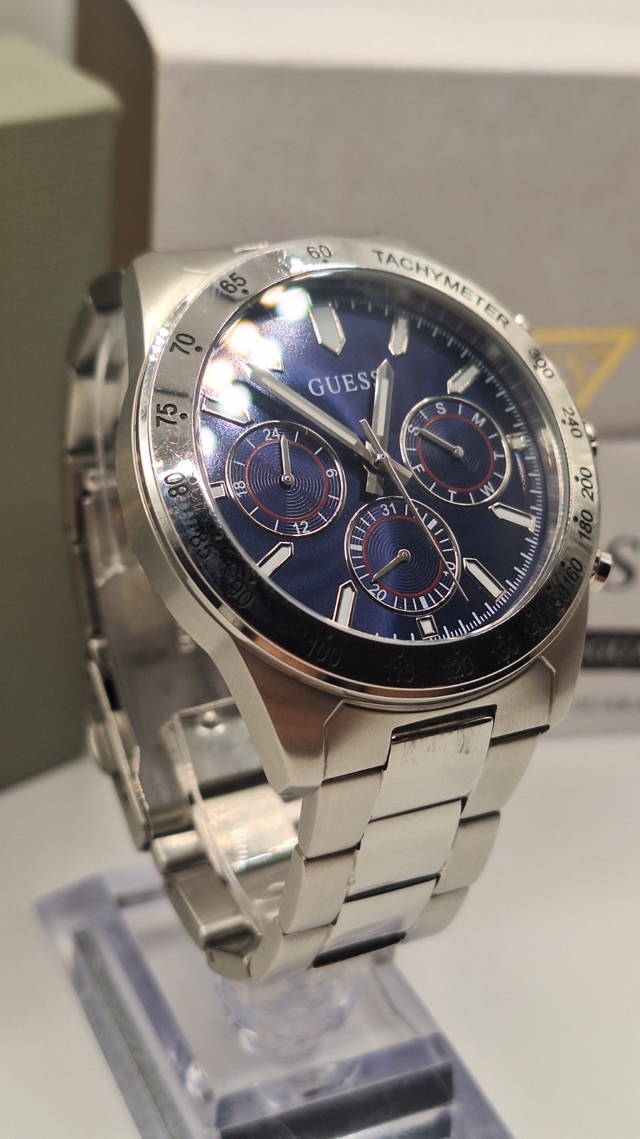 GUESS Altitude Mens Silver Chronograph Watch With Blue Dial – GW0329G1