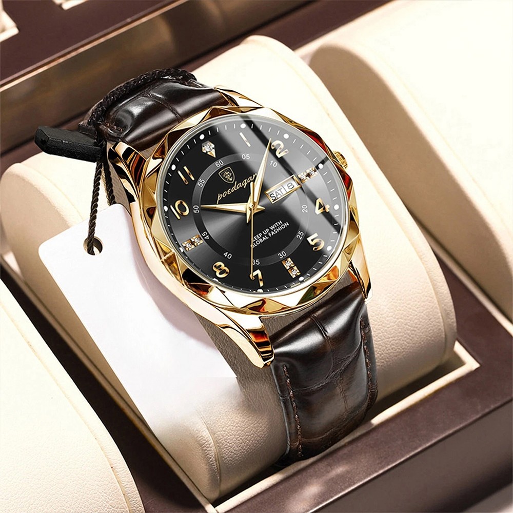 Mens Calendar Watch Quartz Wristwatch Man Leather Watches Waterproof Luminous