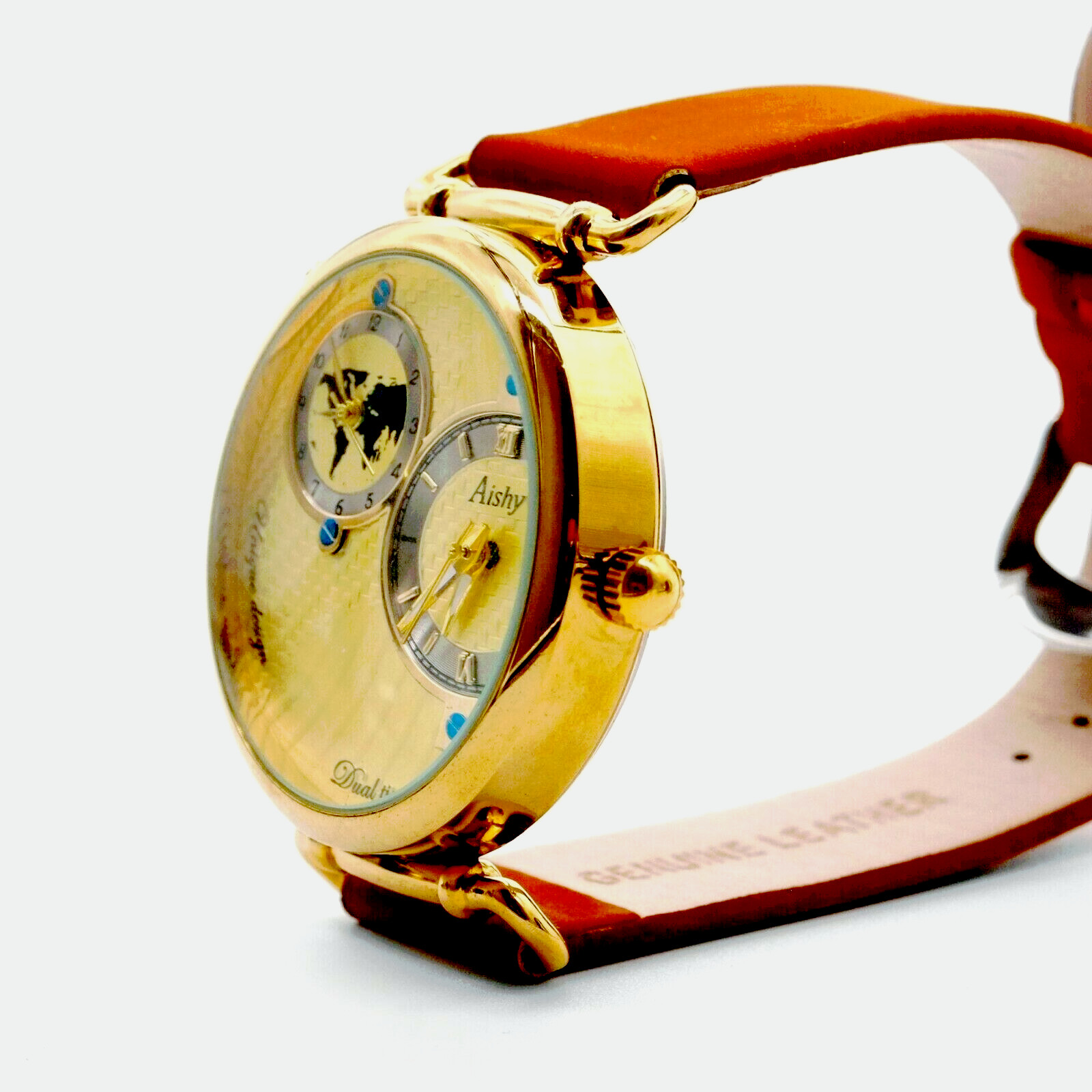 World Charterer Unisex Gold Watch Brown Leather Strap Sporty Classic Style