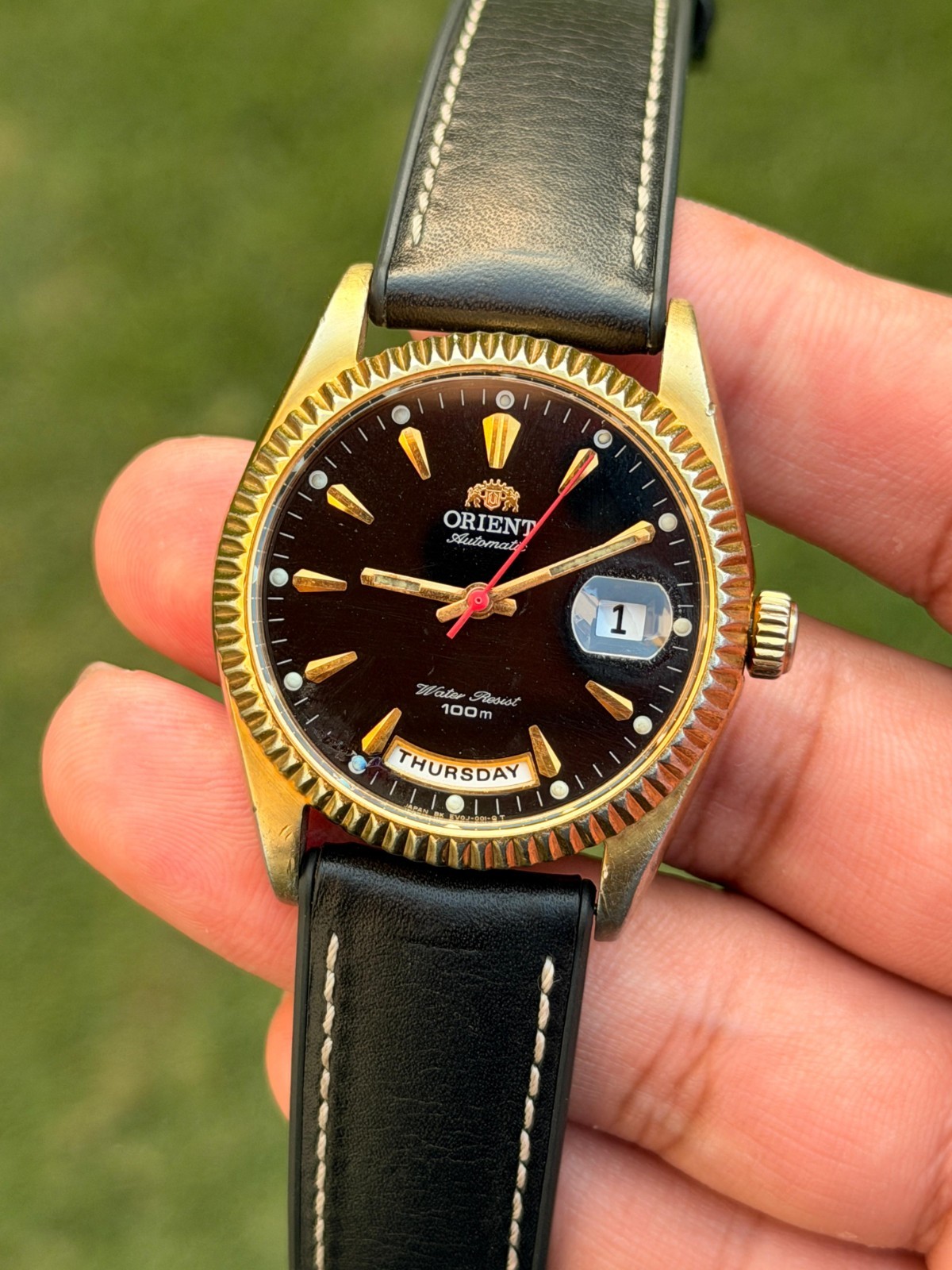 Vintage Orient president automatic day/date black dial men’s wrist watch Japan