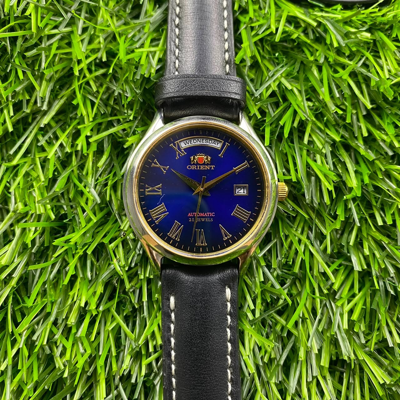 RARE Orient President Automatic Day Date Blue Dial Roman Day Date Leather Watch