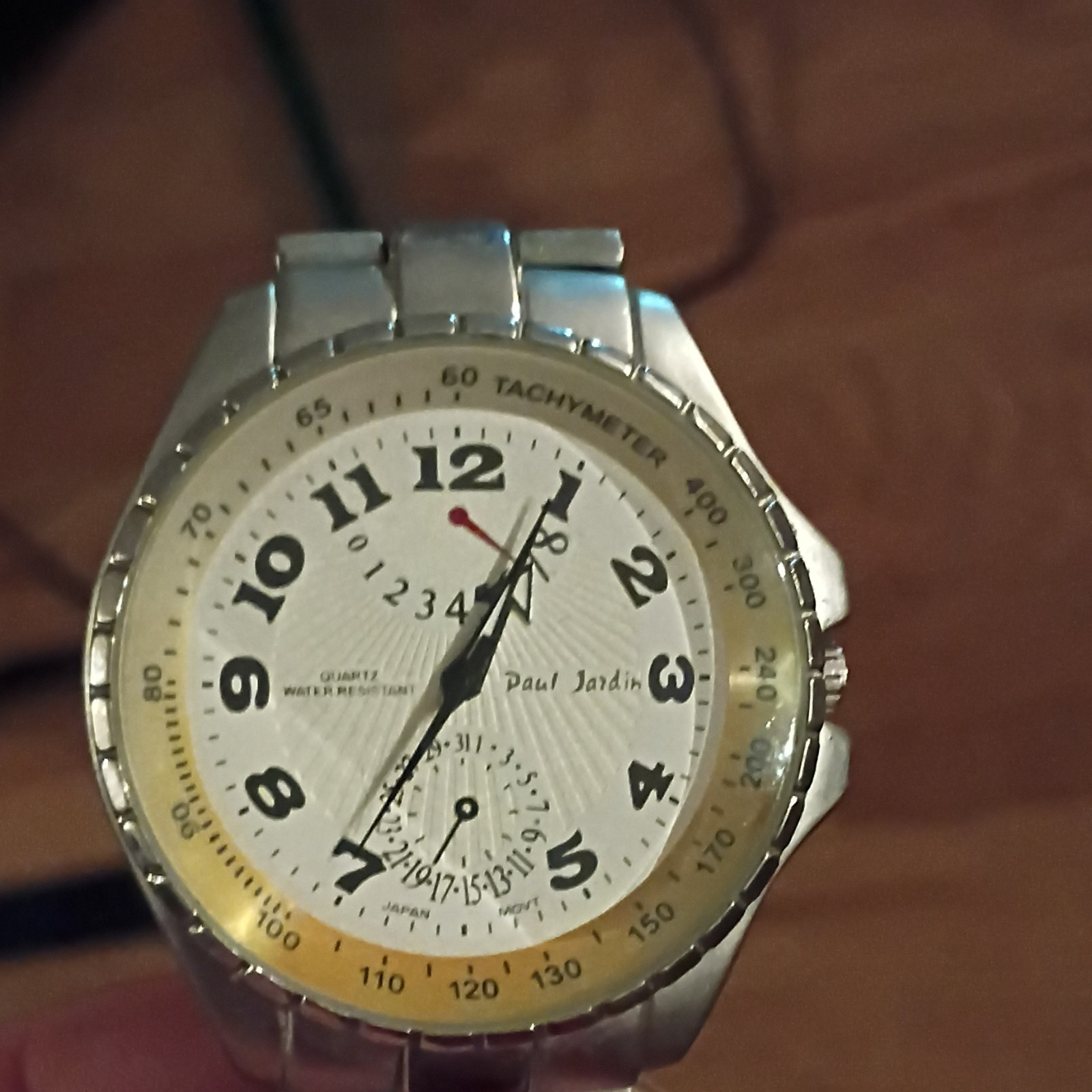 Paul Jardin Men’s Quartz Analog White Dial Tachymeter Silver Tone Bracelet