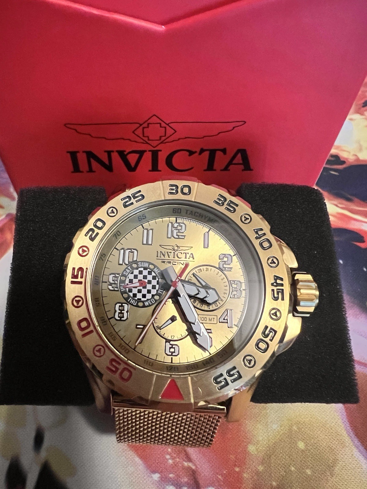 Invicta Men’s Gold Racing Chronograph Watch Mesh Band New w/ Box – Never Worn