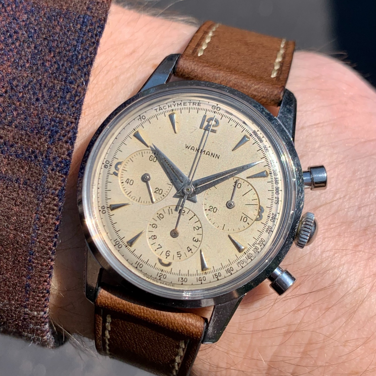 Vintage Wakmann Three Register Stainless Steel Chronograph Wristwatch