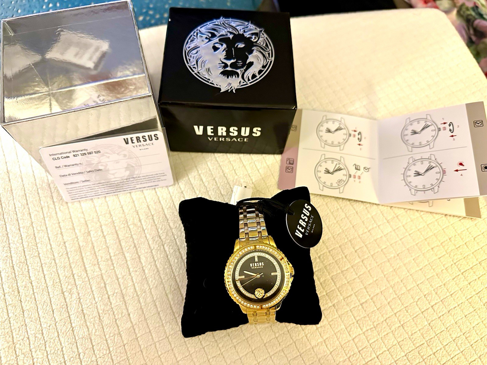 Versus Versace Women’s Quartz 30mm Gold Bracelet Black Dial Gem Bezel Box