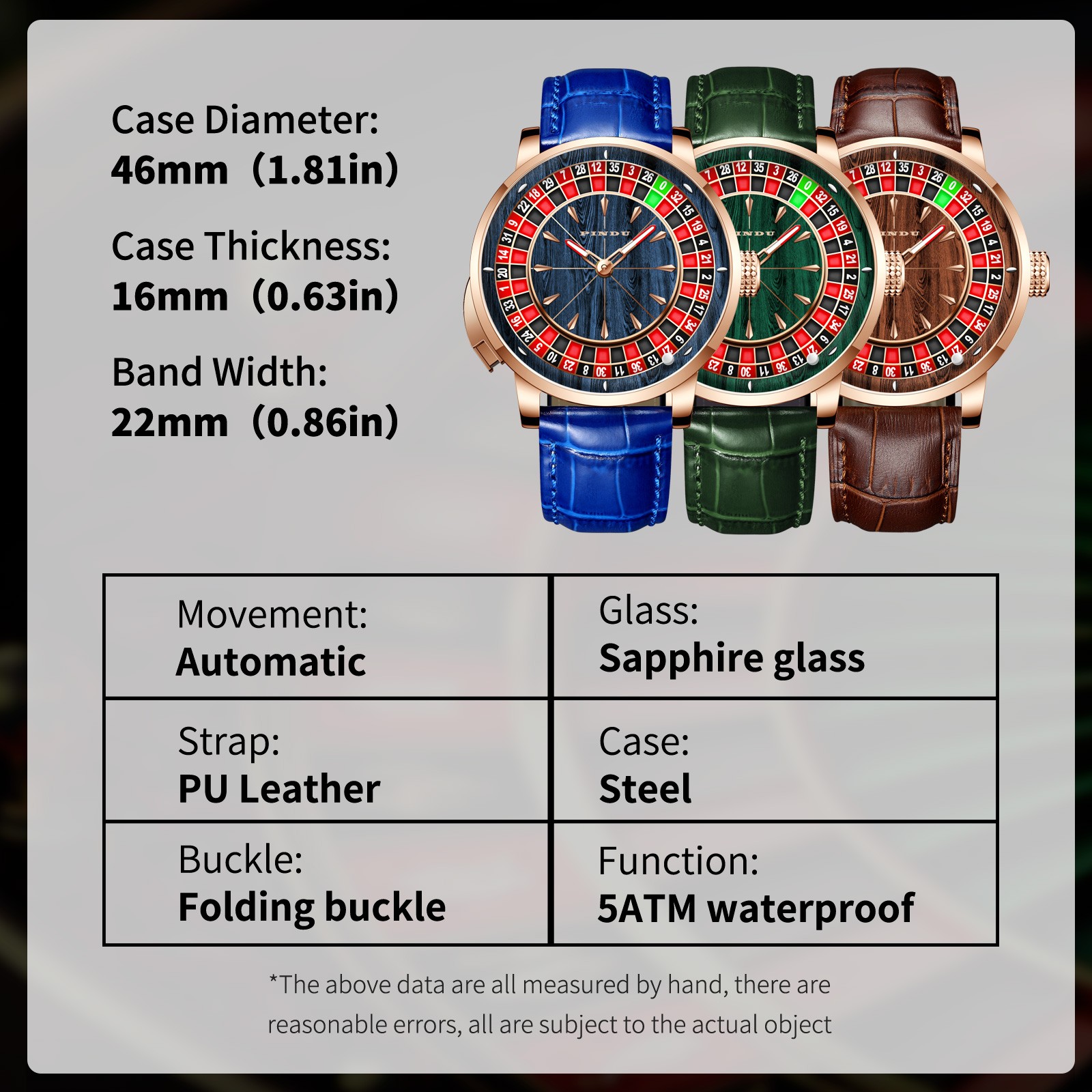 PINDU Roulette-Themed Rose Gold with Wood-Grain/Featured Dial Genuine Leather
