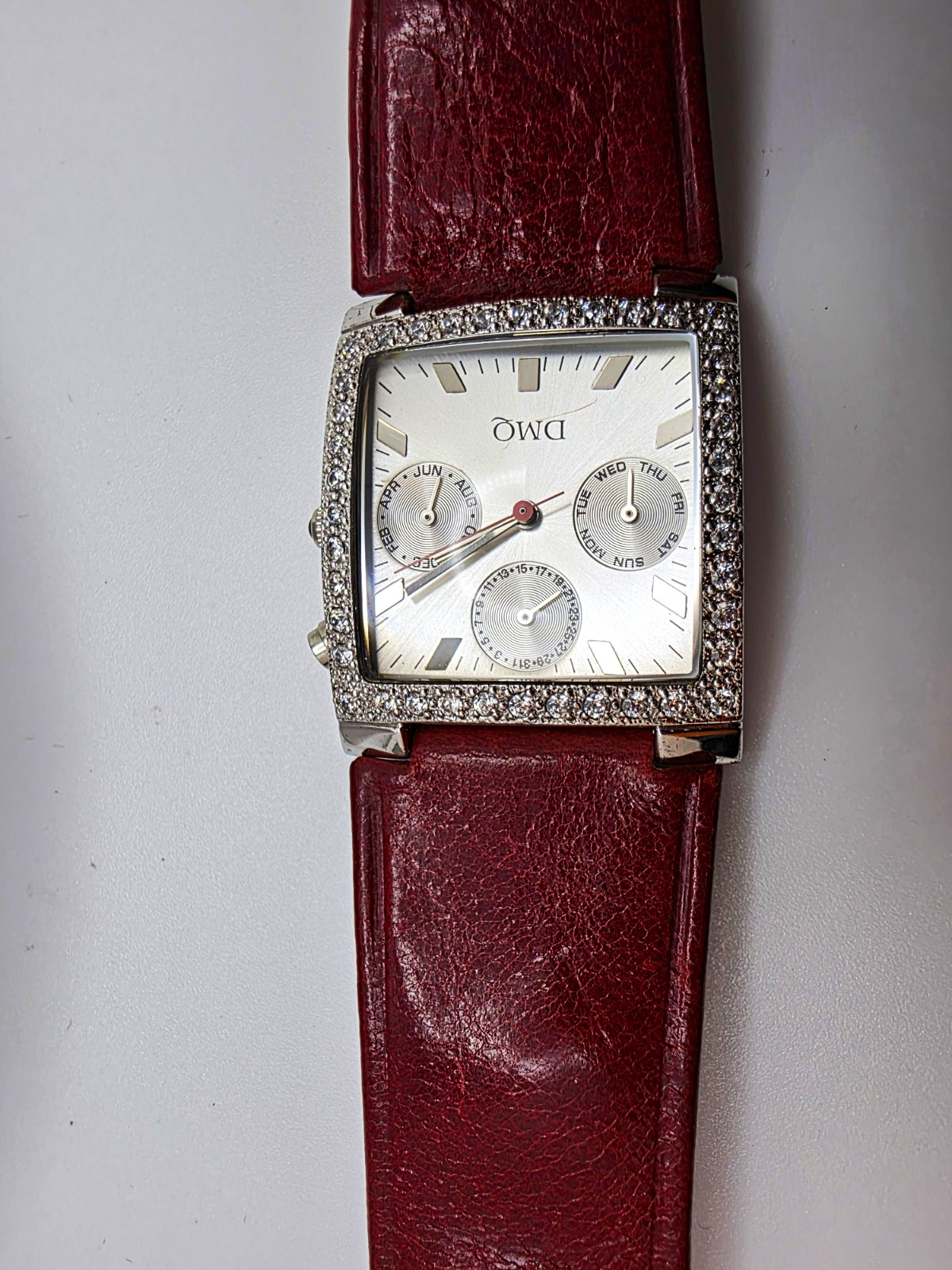DMQ Diamonique Women’s Crystal Bezel Multifunction Quartz Watch Red Leather Band