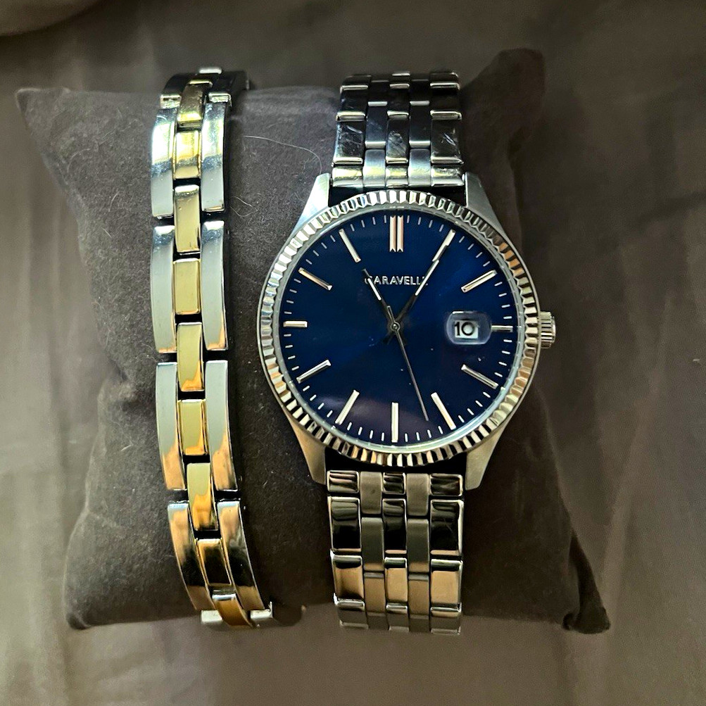 Caravelle Quartz Blue Dial Date Silver-Tone Bracelet Fluted Bezel