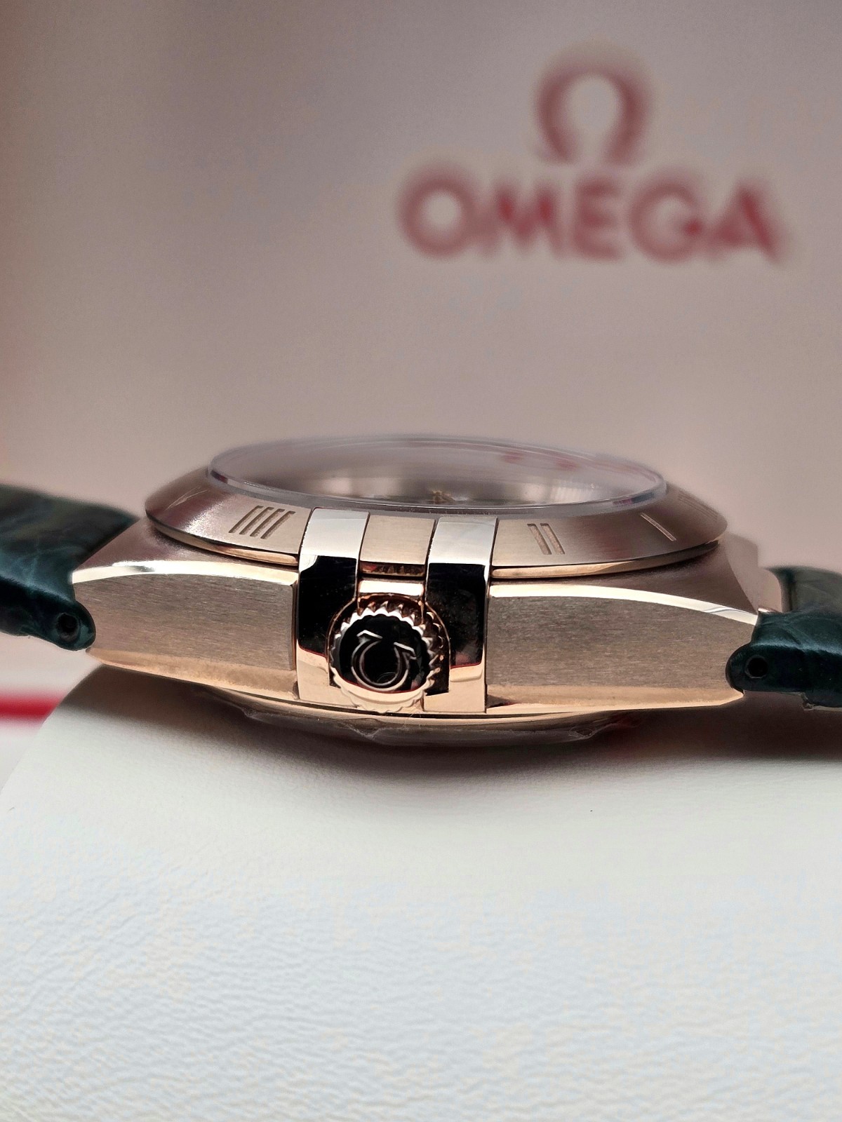 NEW Omega Constellation Ladies 18K Sedna Gold Green Aventurine Factory Diamonds