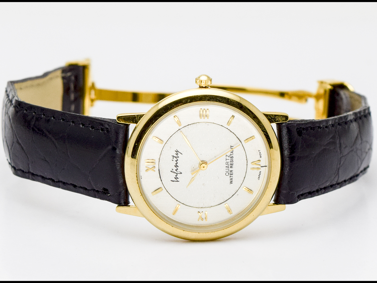 INFINITY: GENUINE LEATHER BAND W/FOLDING CLASP GD CASE ANALOG QUARTZ WATCH