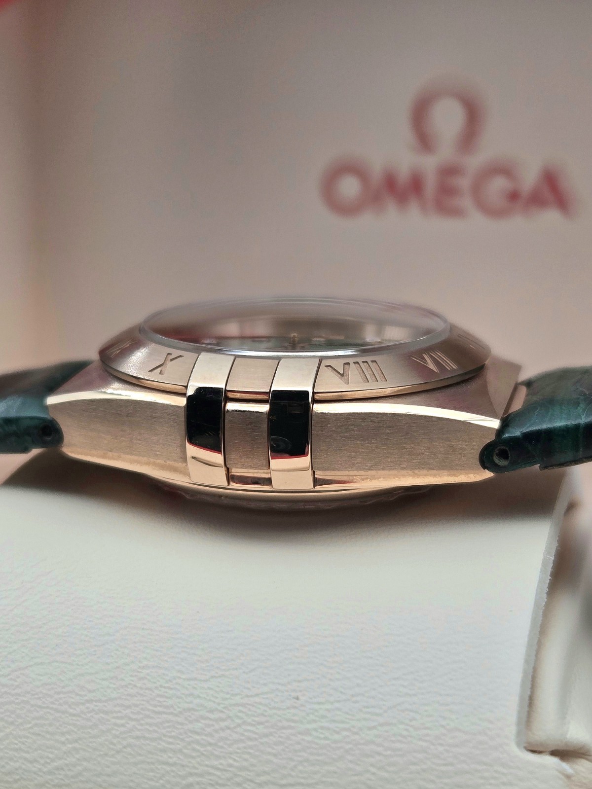 NEW Omega Constellation Ladies 18K Sedna Gold Green Aventurine Factory Diamonds
