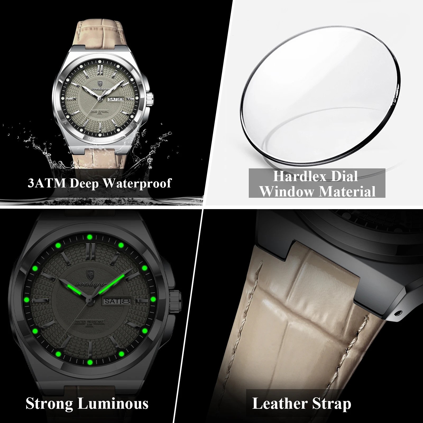 POEDAGAR Men’s Watch Waterproof Luminous Date Week Quartz Leather Business Watch
