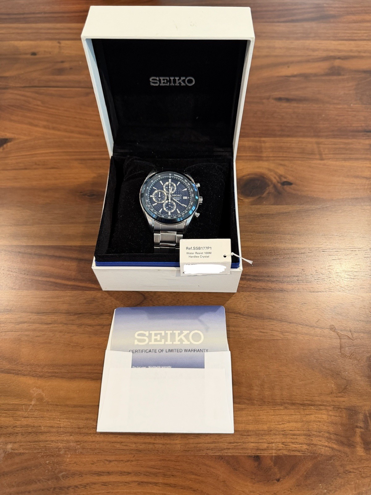 Seiko Men’s Blue Quartz Chronograph Tachymeter 43mm 100m Steel Watch Box