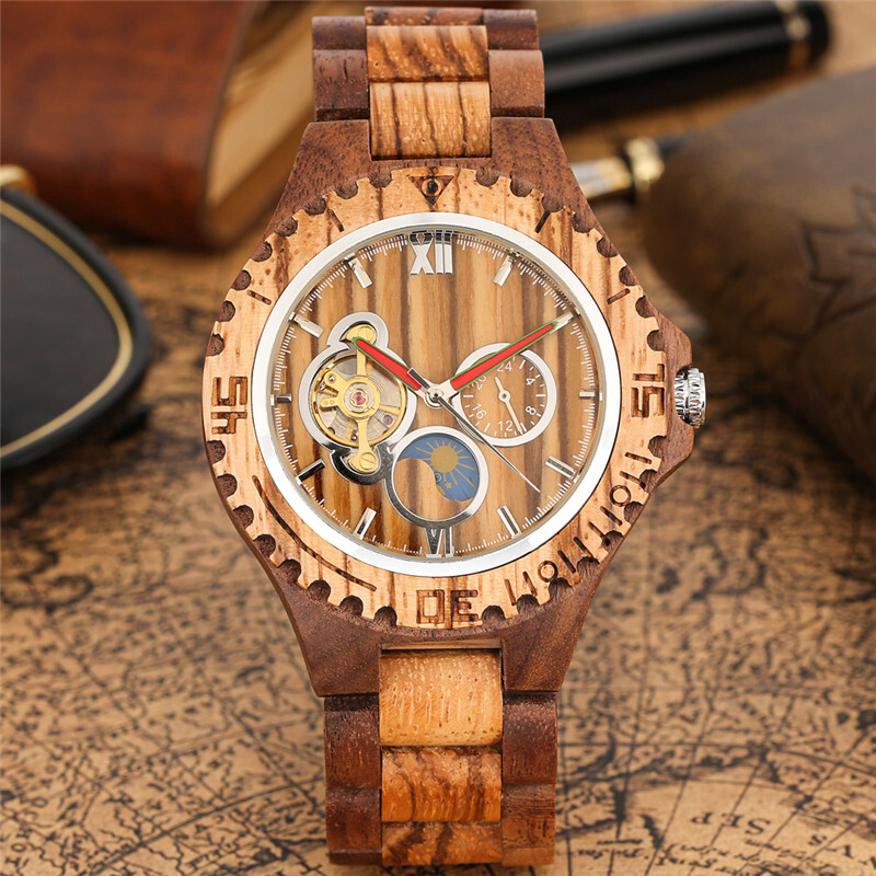 Men’s Wooden Automatic Watch Full Wooden Bracelet Wristwatch Folding Clasp Gifts