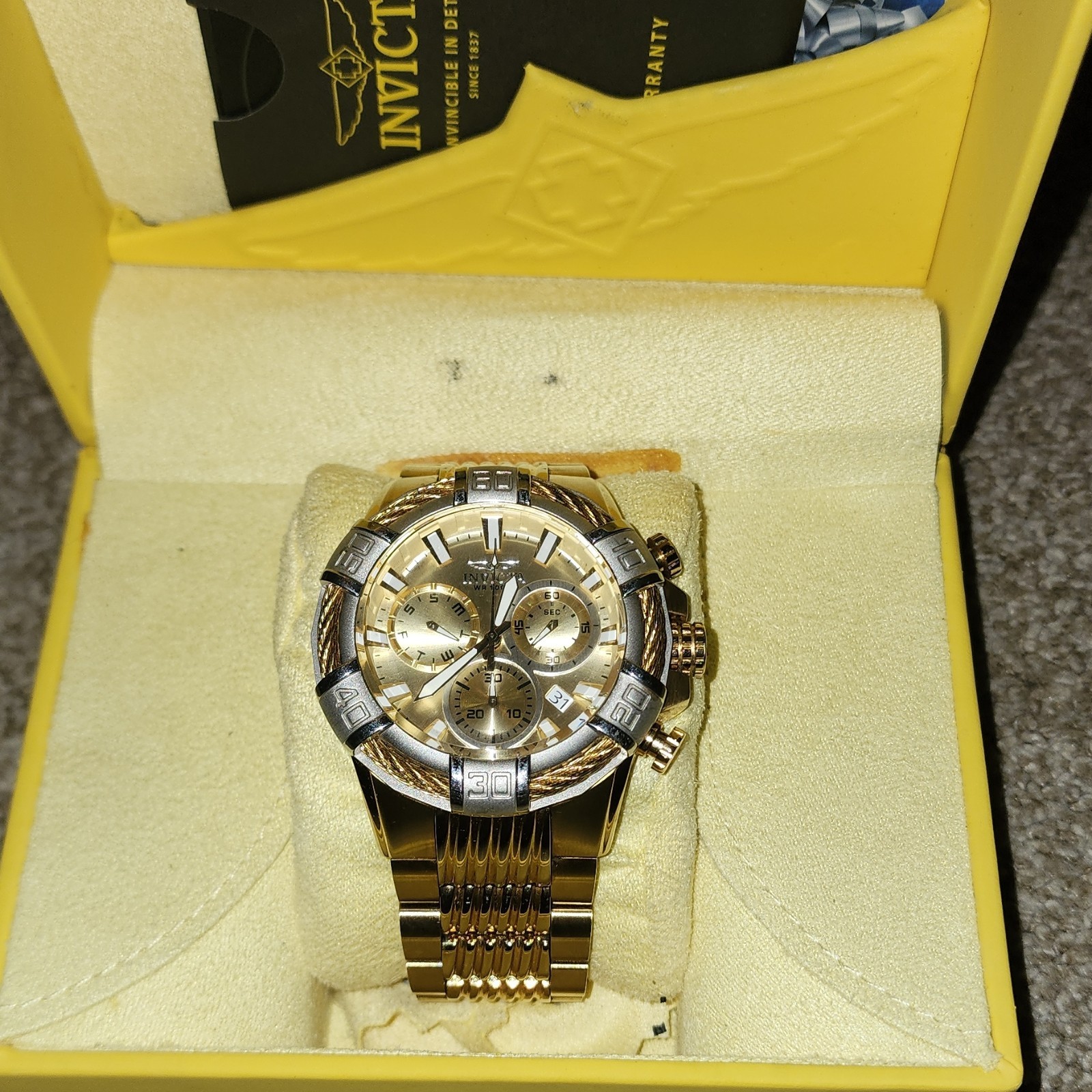 Invicta Bolt Men’s Quartz Chronograph Date 100m Gold Dial 52mm SS Box