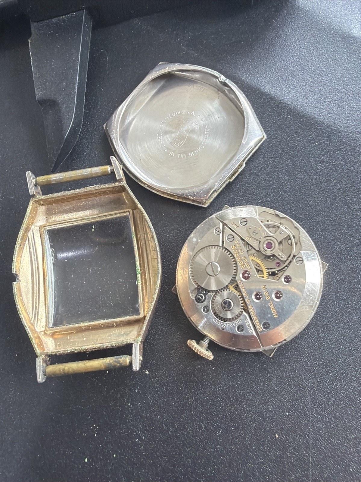 AZ99 Benrus Mens Rolled Plate Ruby Dial Mechanical Watch Tank Parts Repair As Is