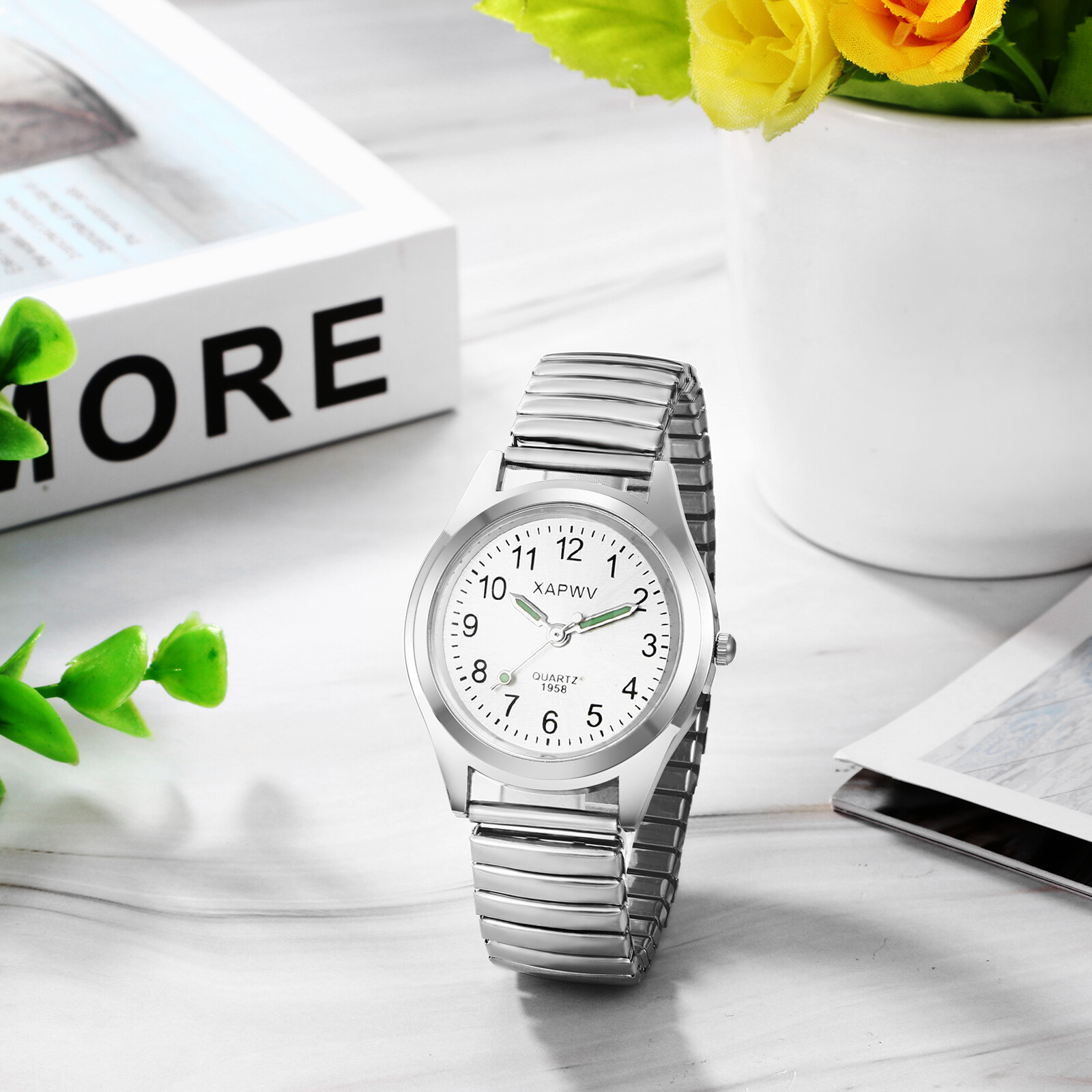 Men’s Women’s Stainless Steel Elastic Band Luminous Indicator Quartz Wrist Watch