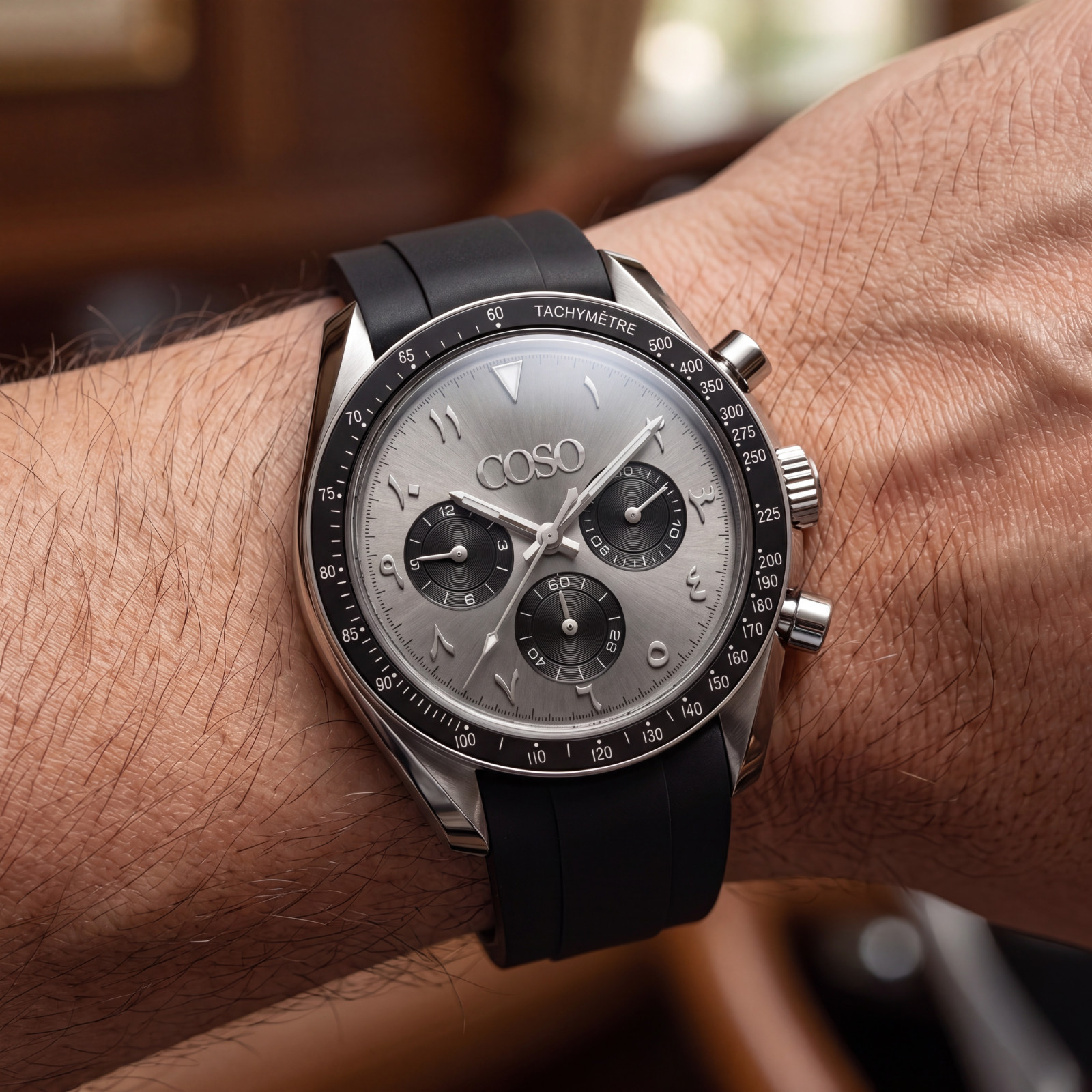 COSO Torvex Chronograph Mens Watch Steel Grey Dial Arabic Numerals Rubber Strap