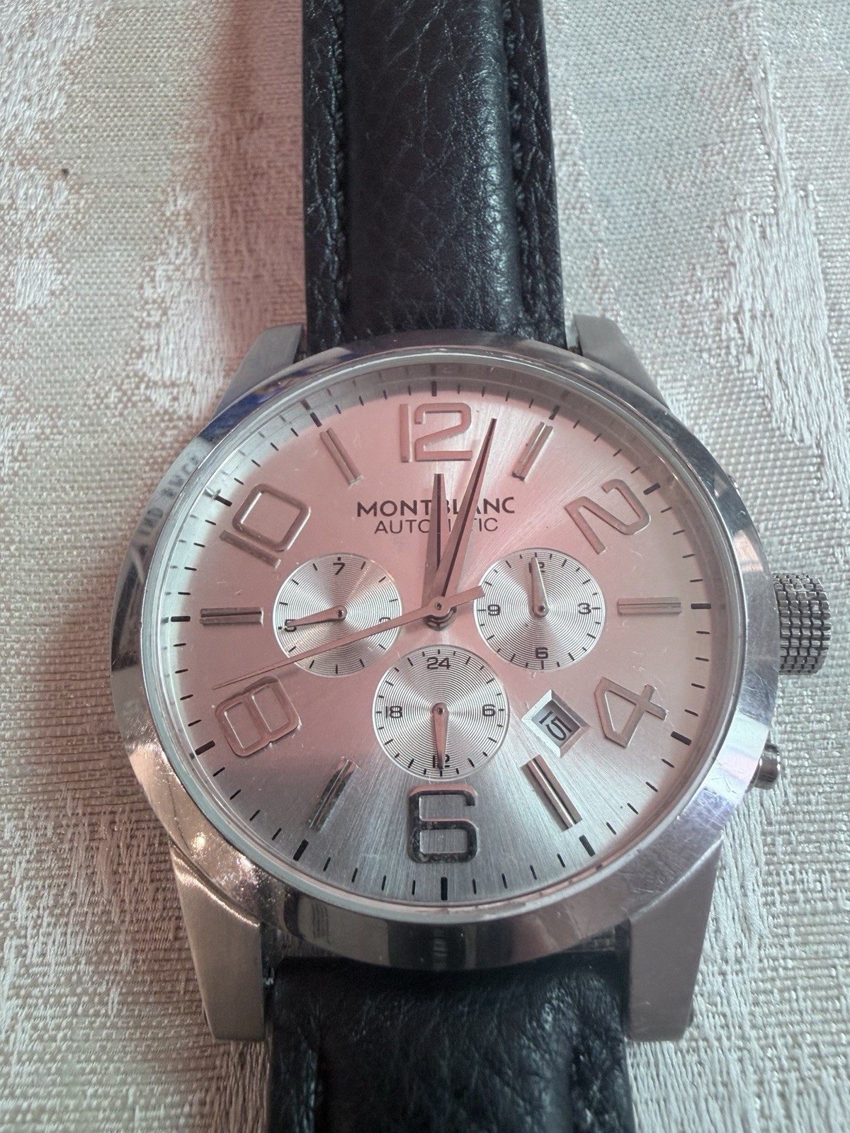 Montblanc Automatic Silver Dial Date Black Leather Strap Wristwatch 9168