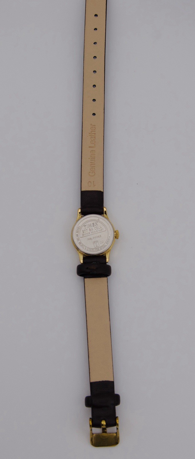 Vintage Timex Ladies Quartz Watch Gold Tone White Dial Brown Leather Band Runs