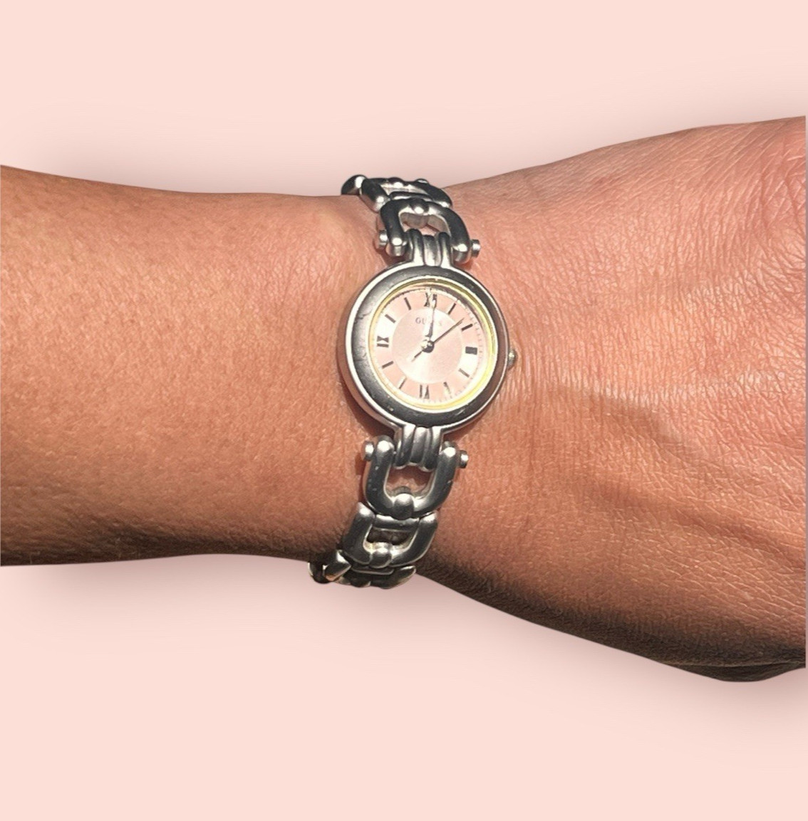 Vtg Guess Women Working Watch Pink Brushed Silver Chain Fold Over Clasp 6.75″