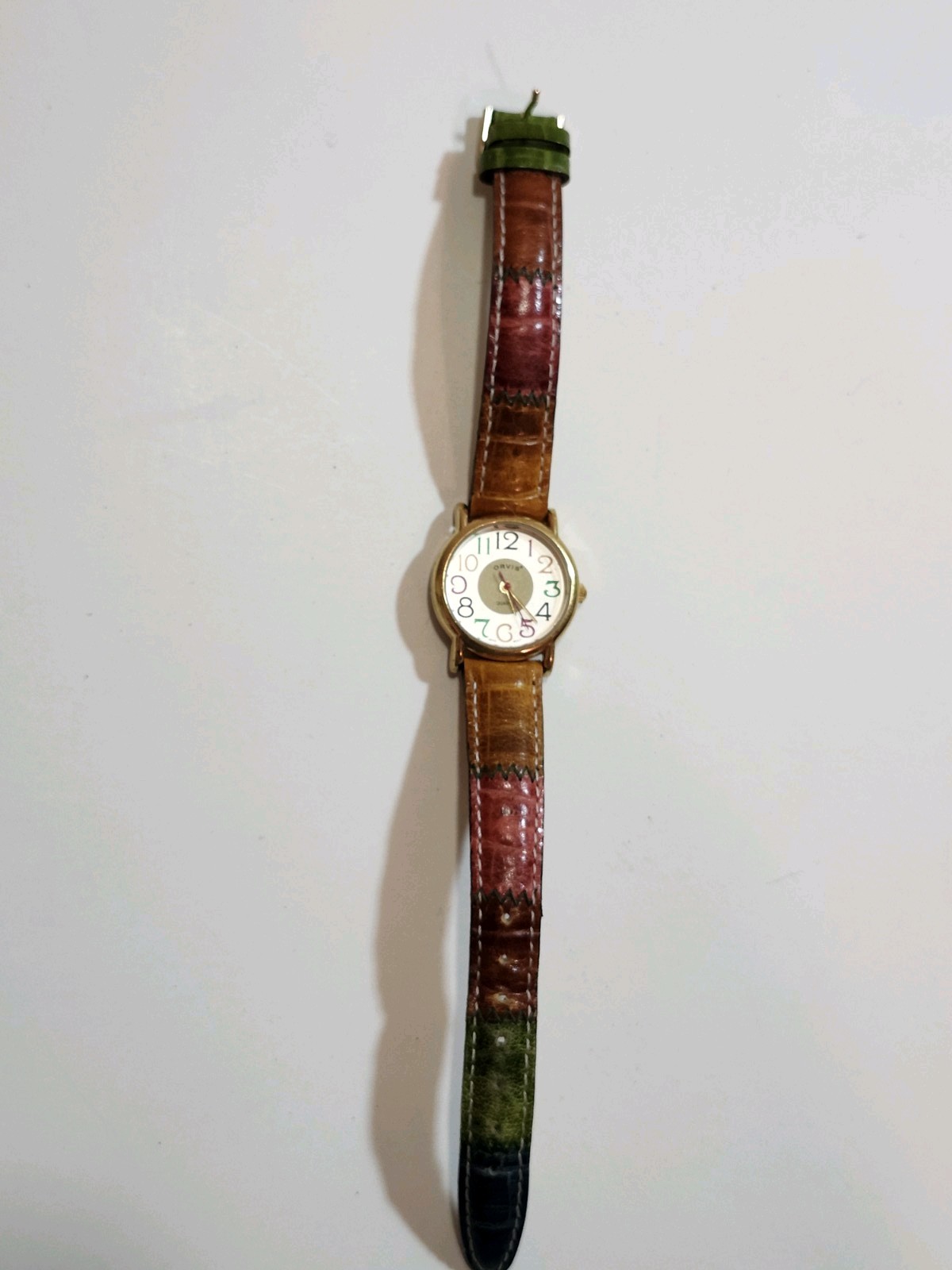 Orvis Quartz Analog Wristwatch Gold Case Multicolor Leather Strap 30m 3 ATM