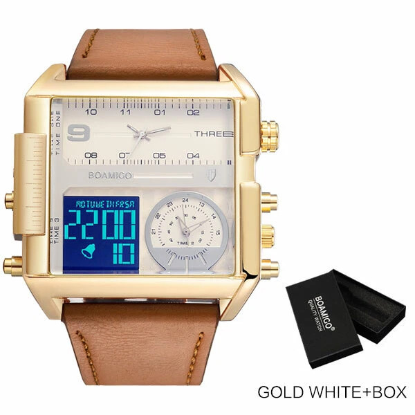 BOAMIGO Big Square Dial 3 TimeZone Stylish Watch For Men
