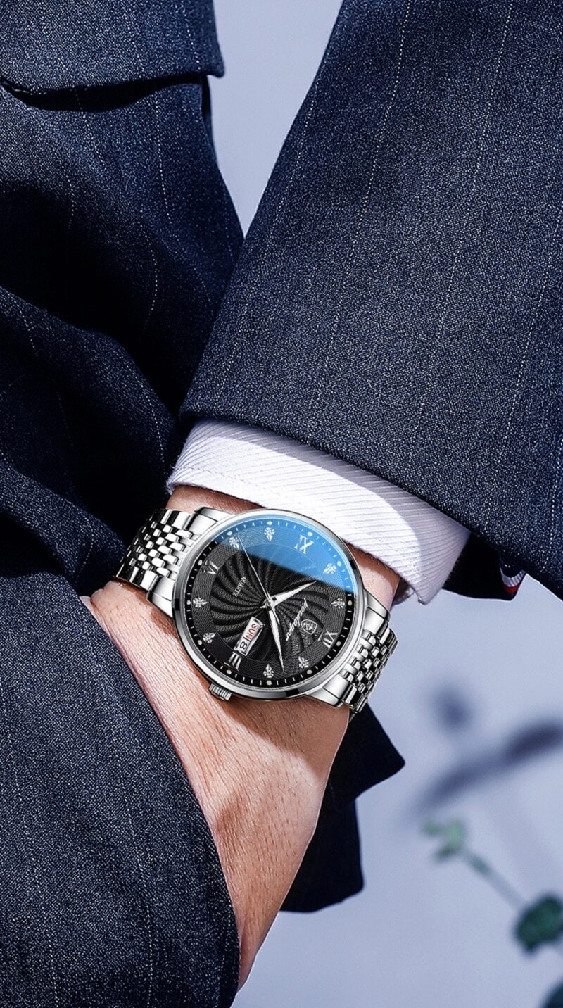Watch Men Stainless Steel Waterproof Luminous Watches Men Quartz Wristwatch +BOX